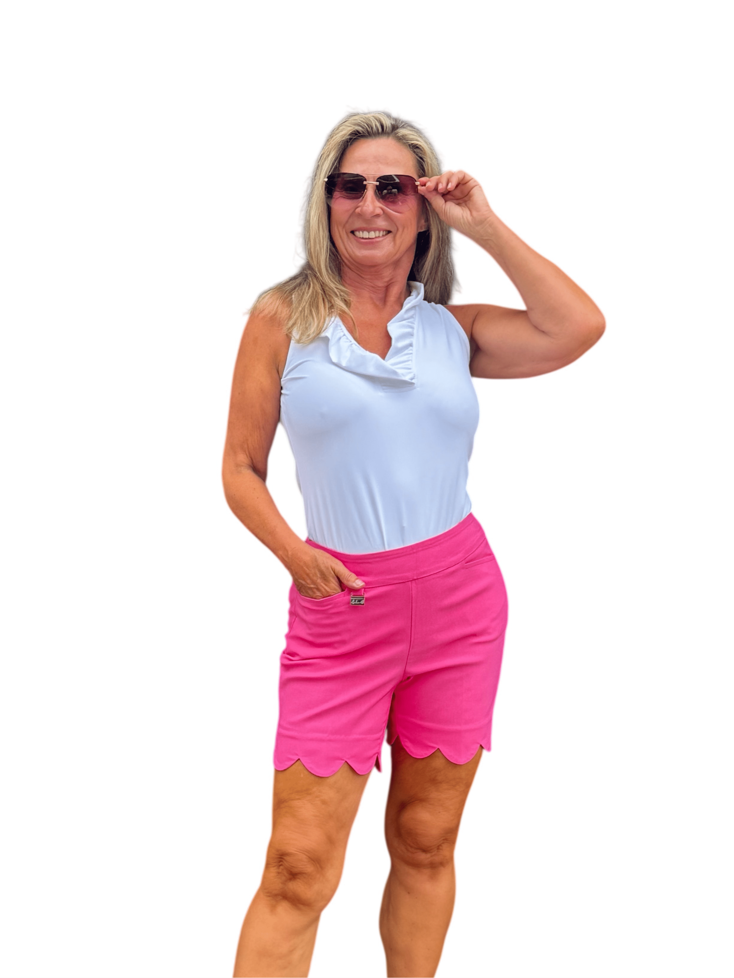 5" Inseam Pull-on Stretch Shorts with Scalloped Hemline Hot Pink