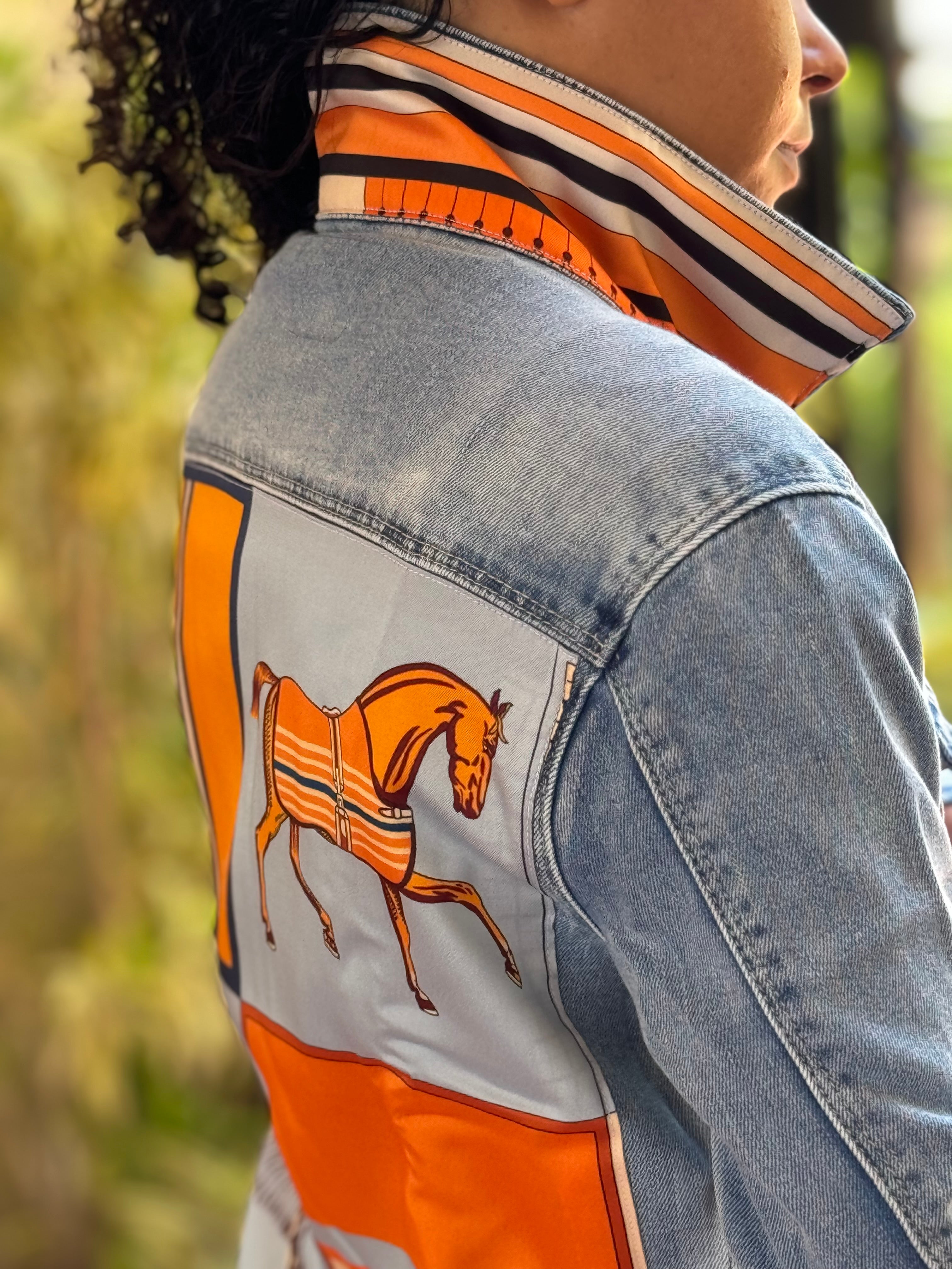 The Light Denim Jacket / Light Blue with Orange Horse - Back of the Bay Boutique