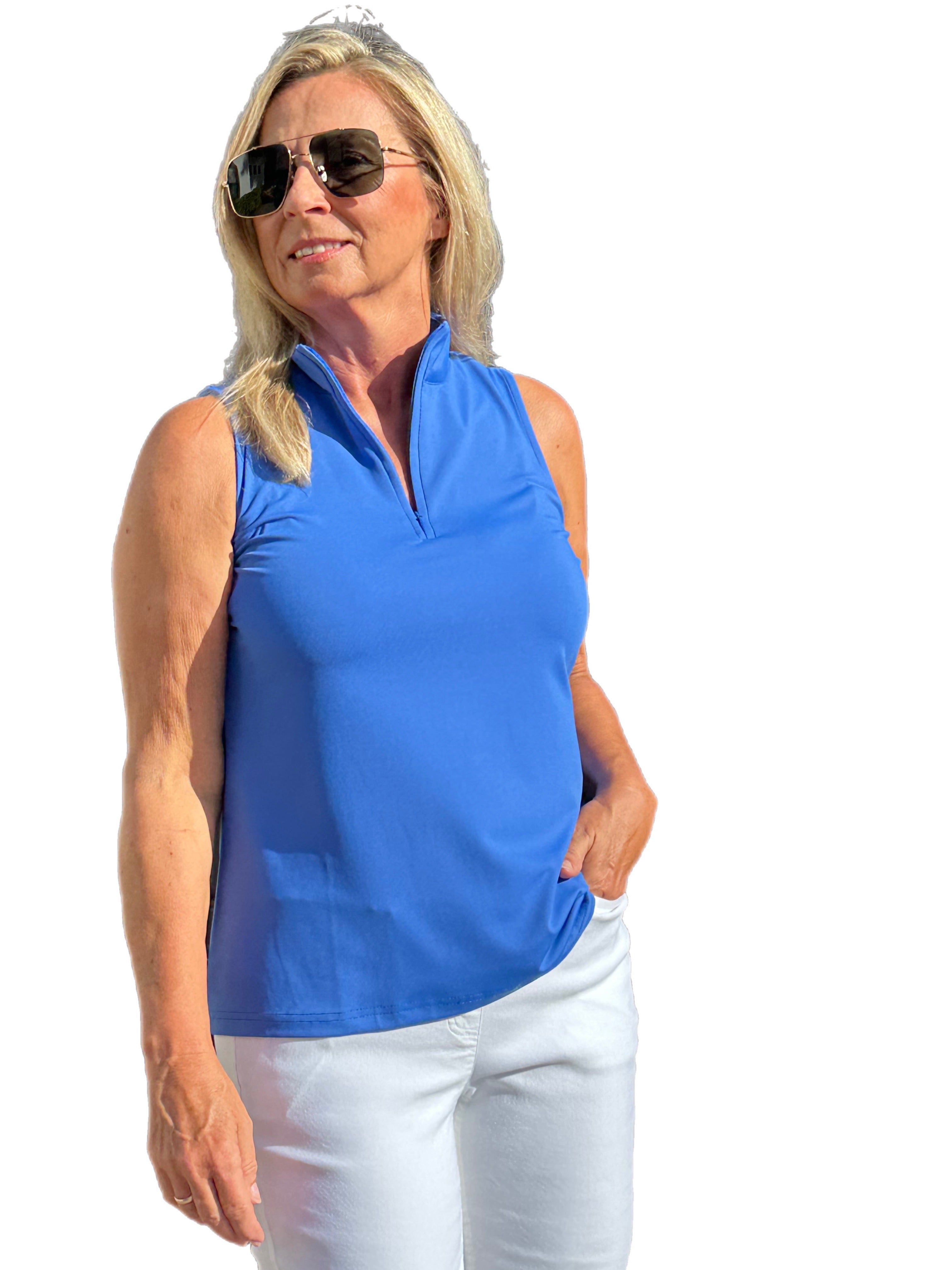 High Zip-Neck Sleeveless Top with UPF50+ Blue - Back of the Bay Boutique