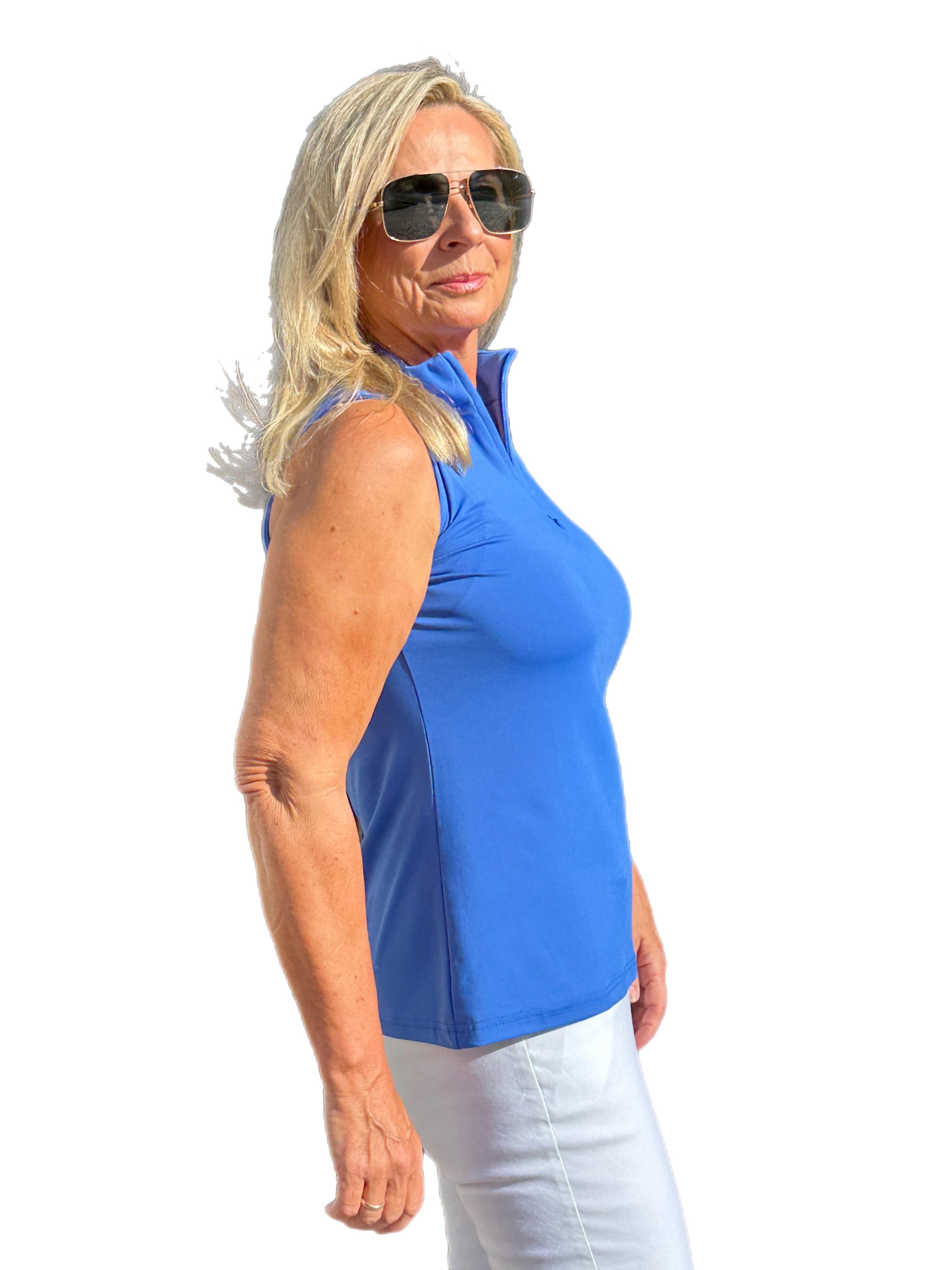 High Zip-Neck Sleeveless Top with UPF50+ Blue - Back of the Bay Boutique