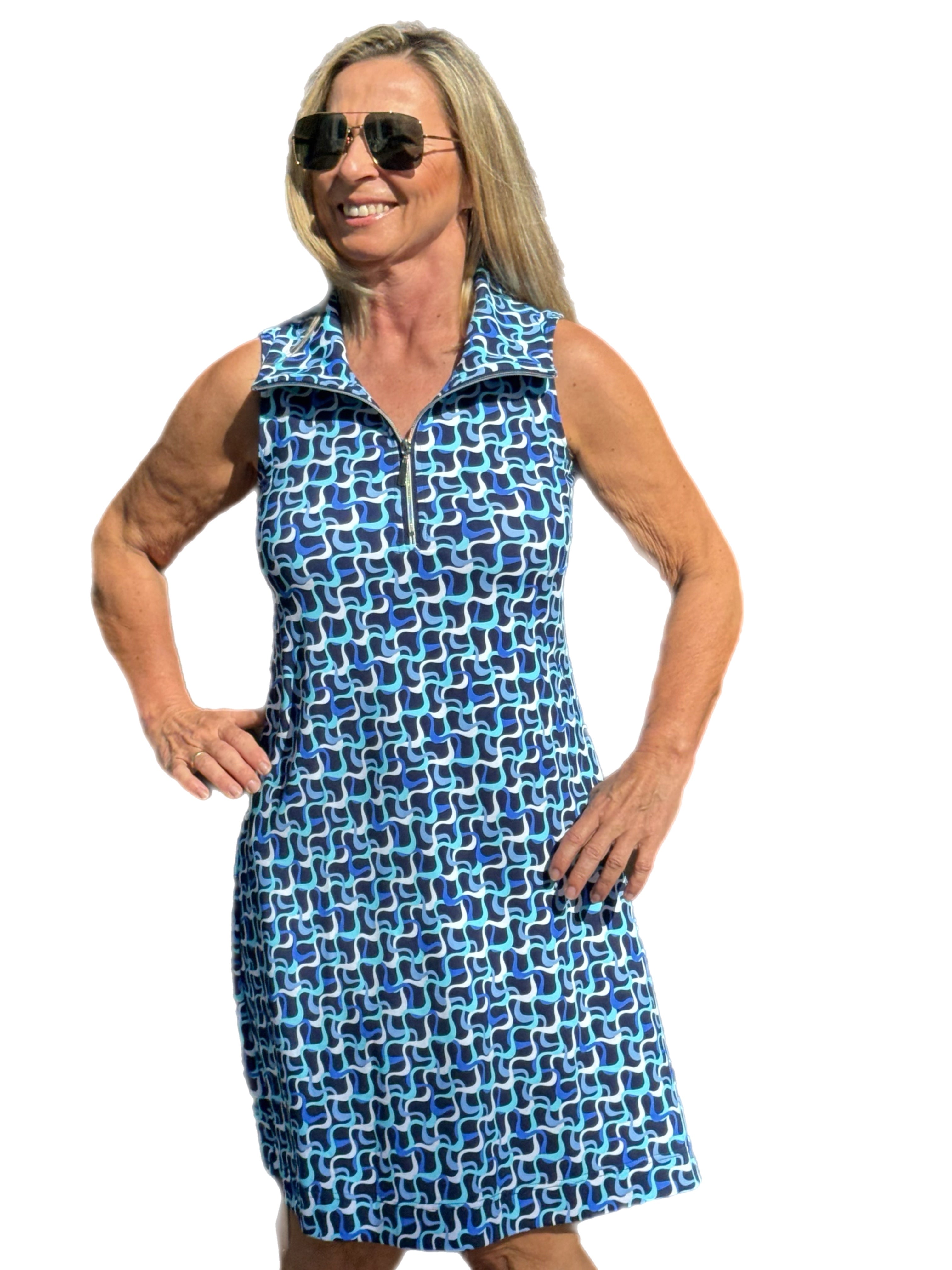 Zipper Swing Dress with UPF50+ Navy Waves - Back of the Bay Boutique