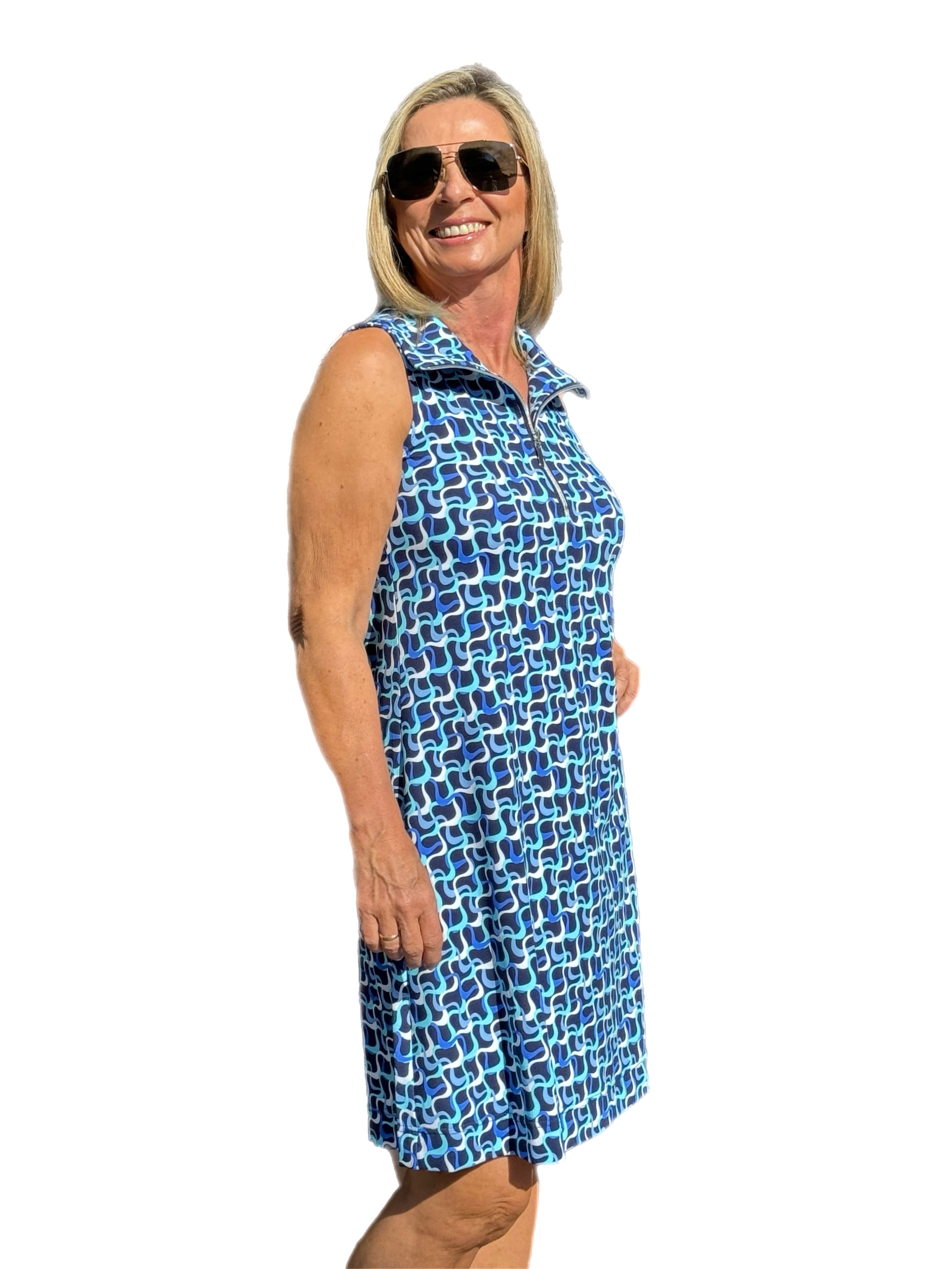 Zipper Swing Dress with UPF50+ Navy Waves - Back of the Bay Boutique