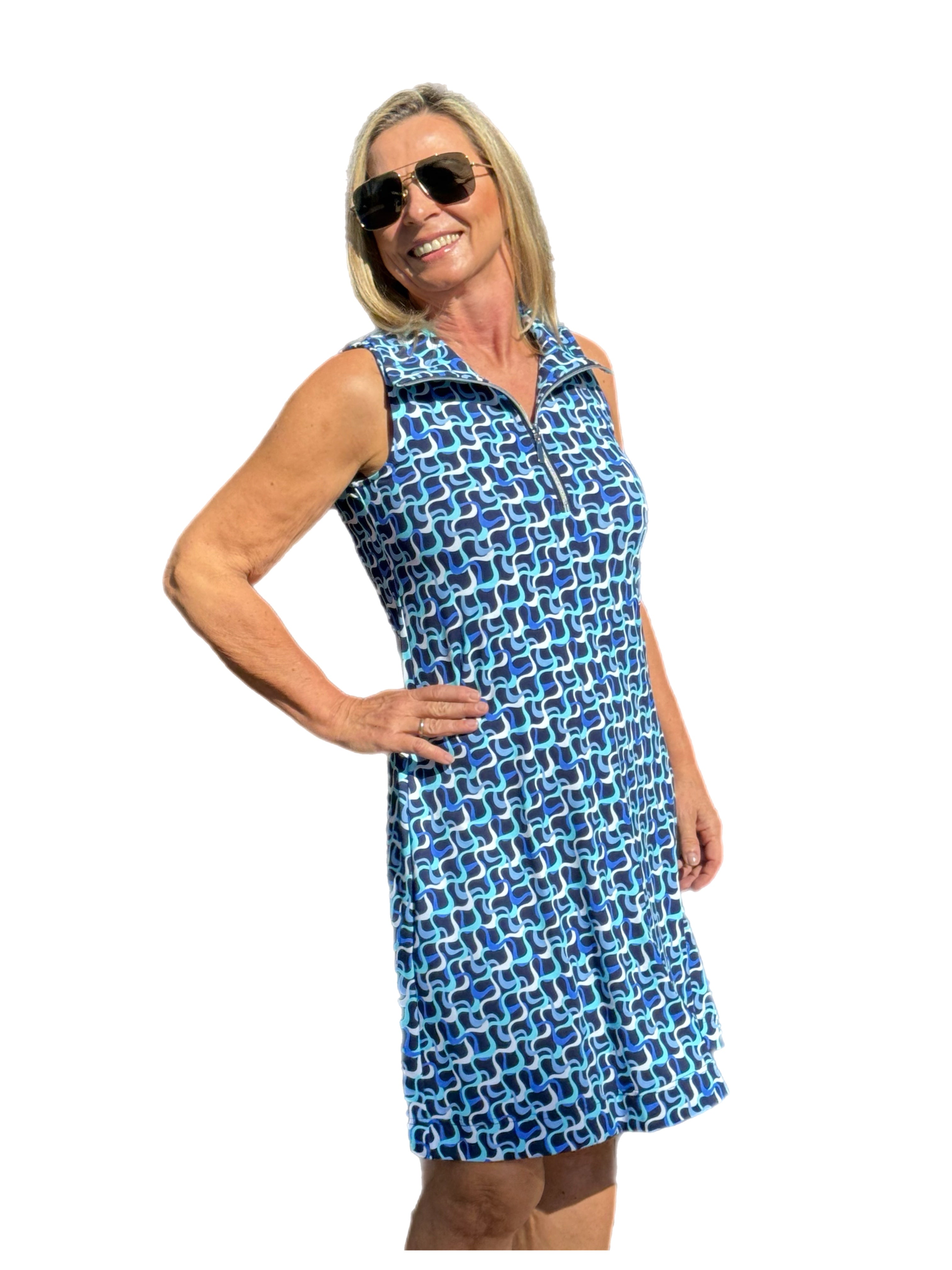 Zipper Swing Dress with UPF50+ Navy Waves - Back of the Bay Boutique