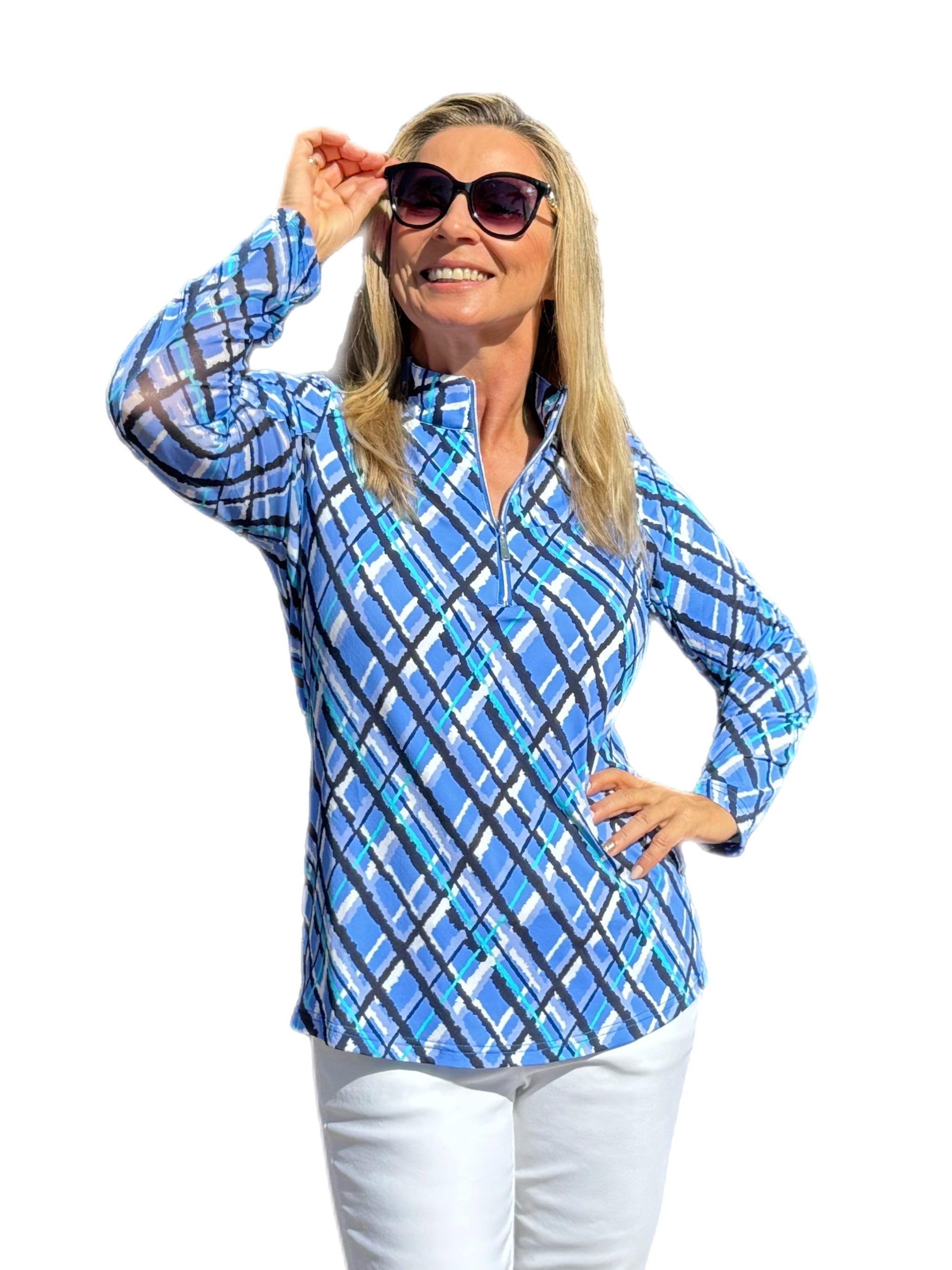 High Zip-Neck Long Sleeve Top with UPF50+ Peri Check - Back of the Bay Boutique