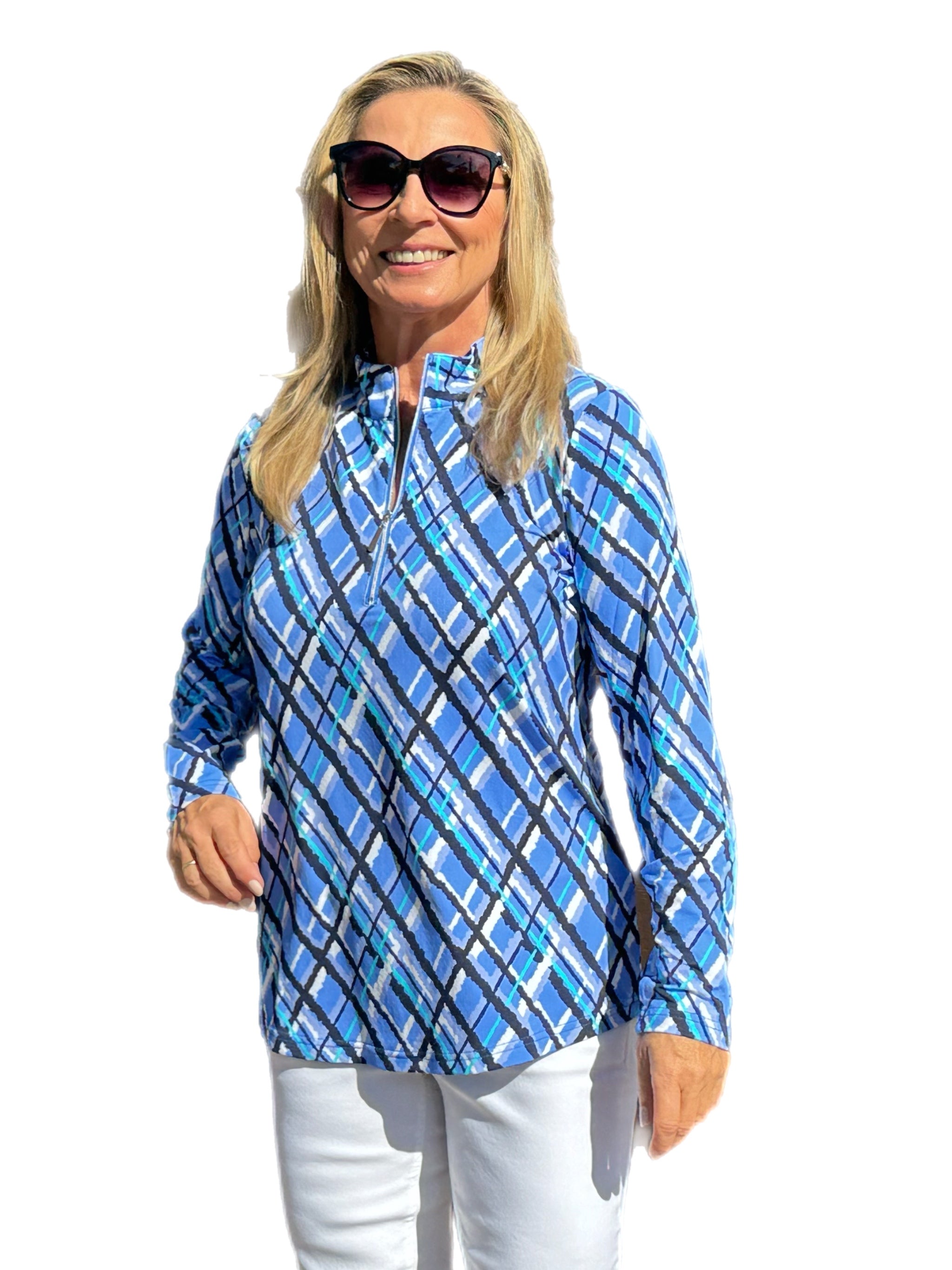 High Zip-Neck Long Sleeve Top with UPF50+ Peri Check - Back of the Bay Boutique