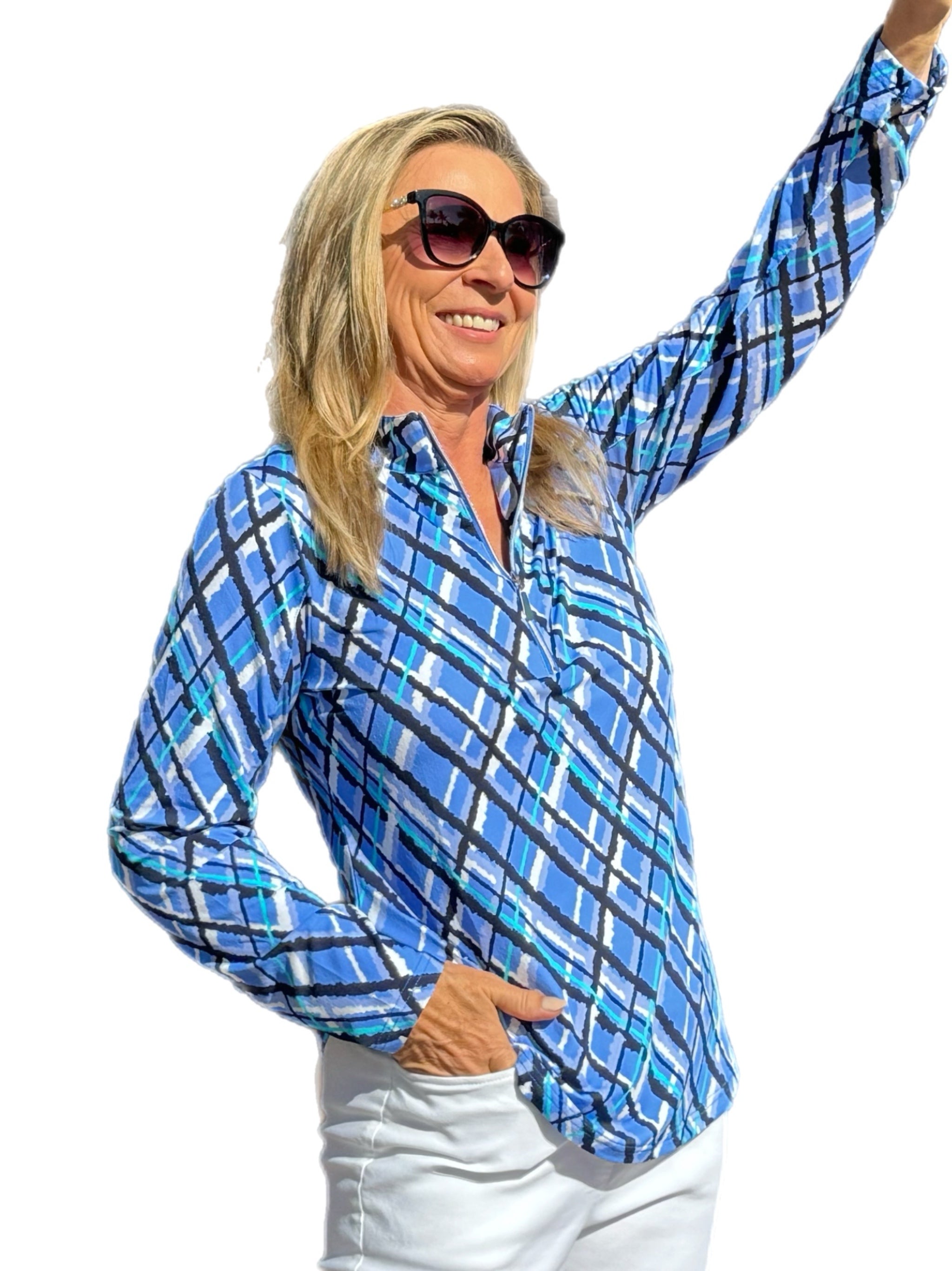 High Zip-Neck Long Sleeve Top with UPF50+ Peri Check - Back of the Bay Boutique