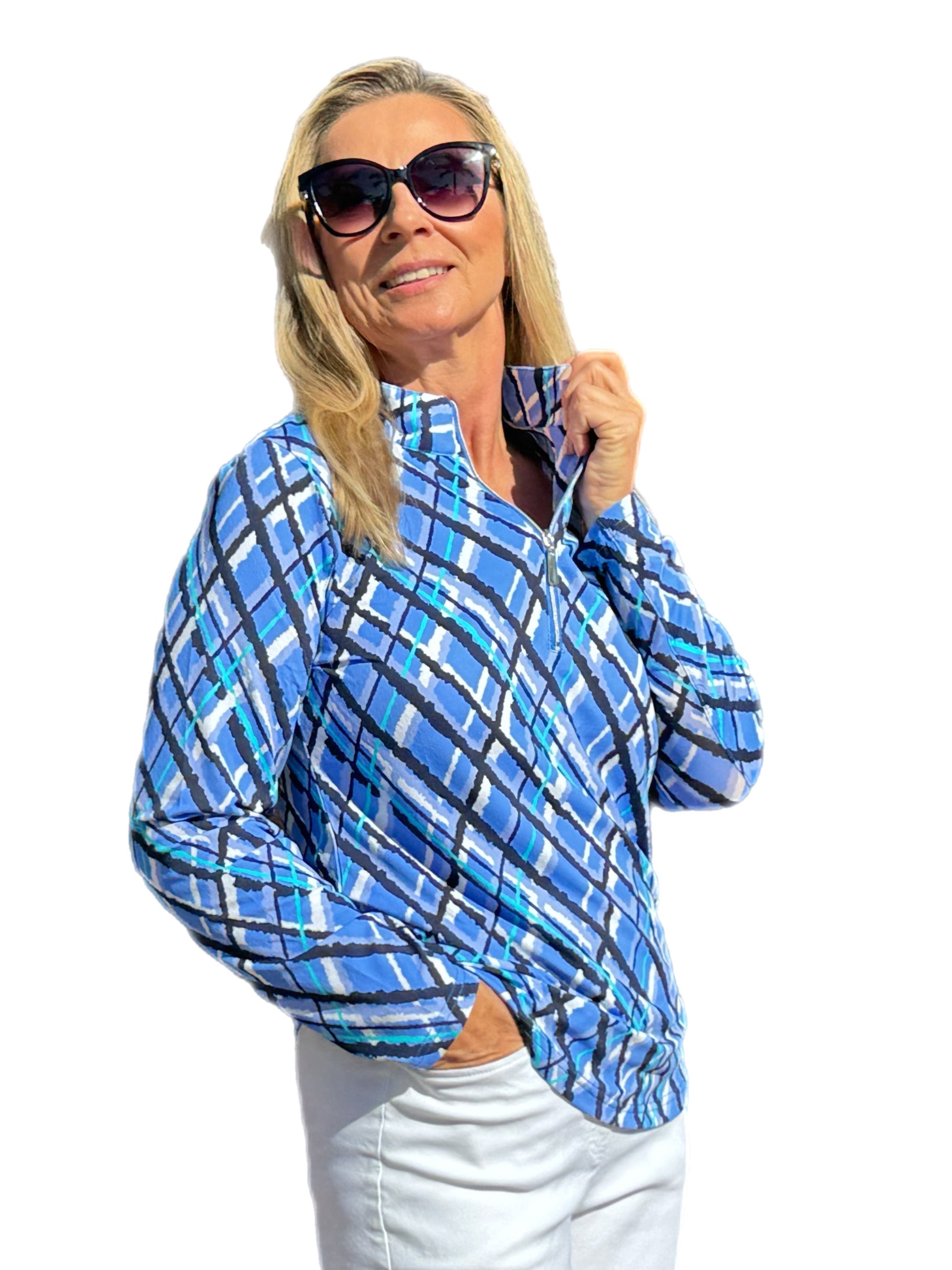 High Zip-Neck Long Sleeve Top with UPF50+ Peri Check - Back of the Bay Boutique