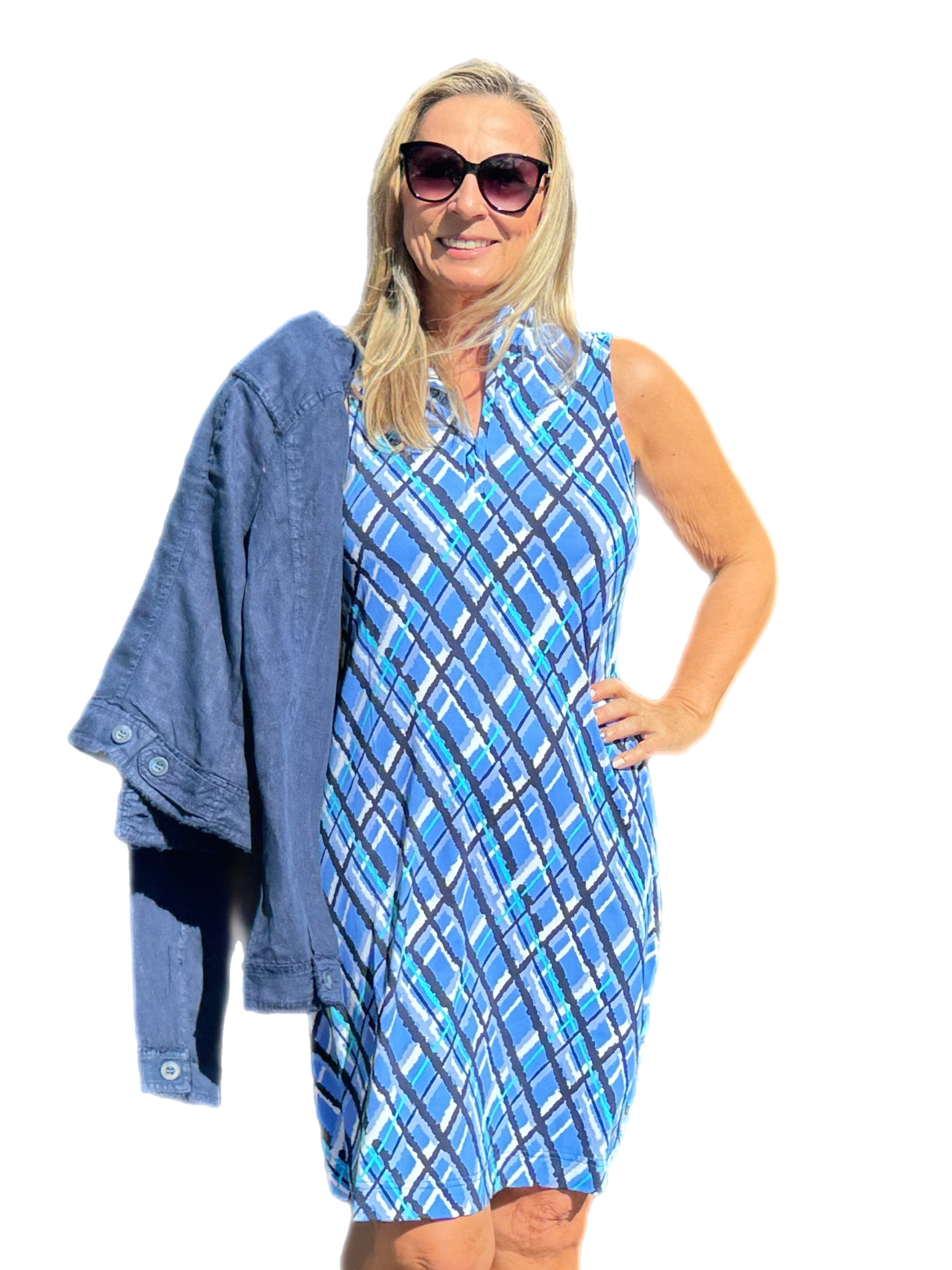 High Zip-Neck Sleeveless Dress with UPF50+ Peri Check - Back of the Bay Boutique