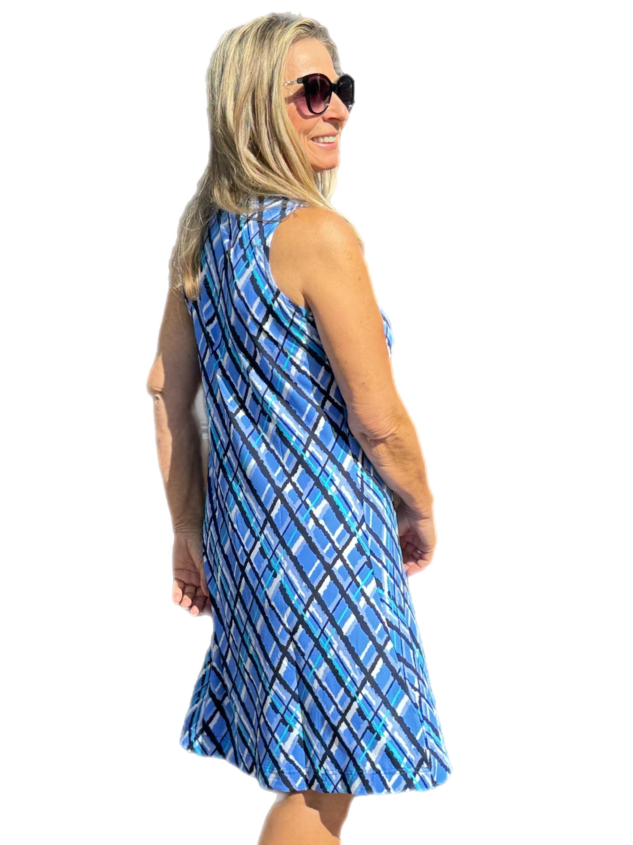 High Zip-Neck Sleeveless Dress with UPF50+ Peri Check - Back of the Bay Boutique