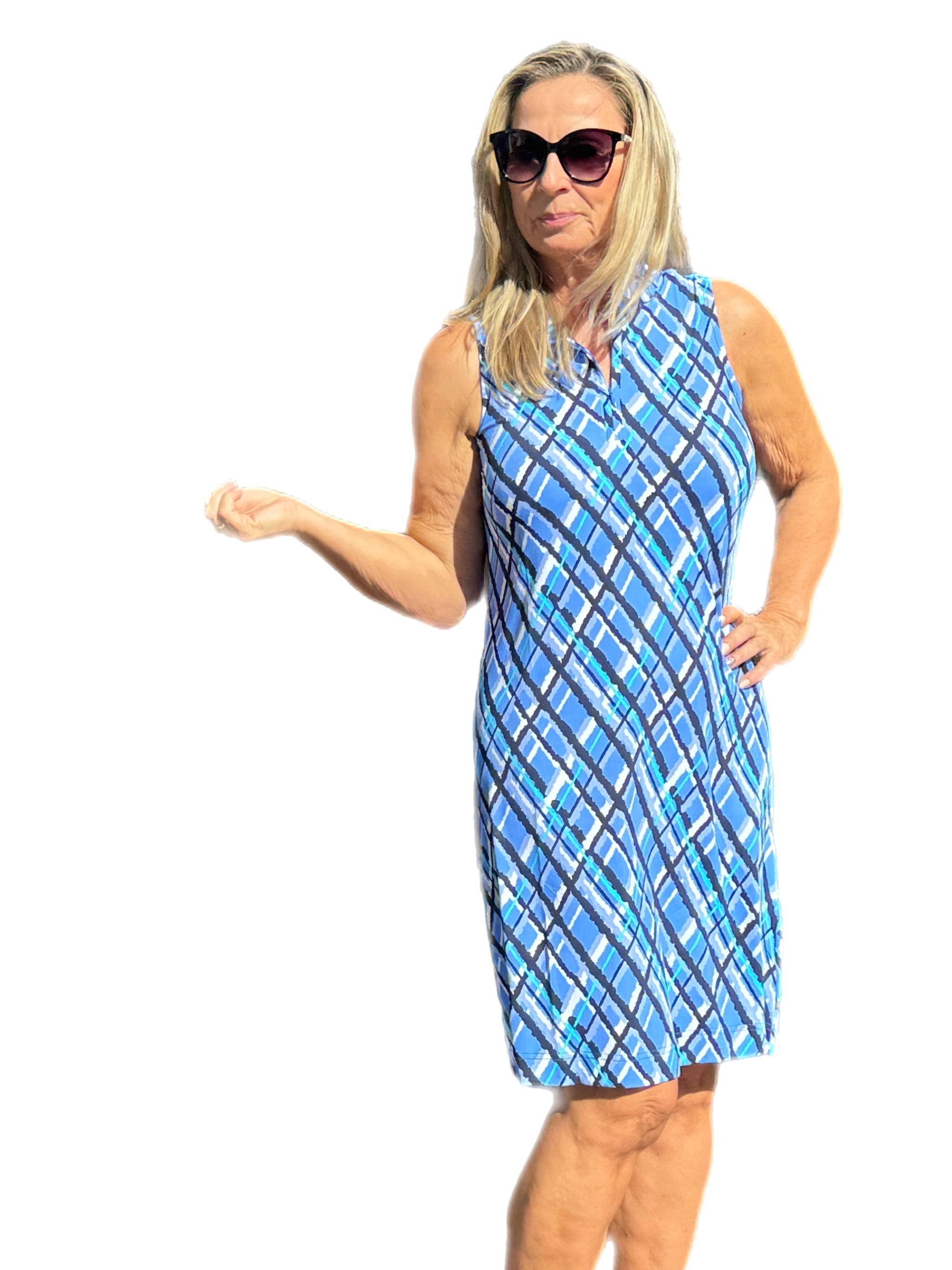 High Zip-Neck Sleeveless Dress with UPF50+ Peri Check - Back of the Bay Boutique