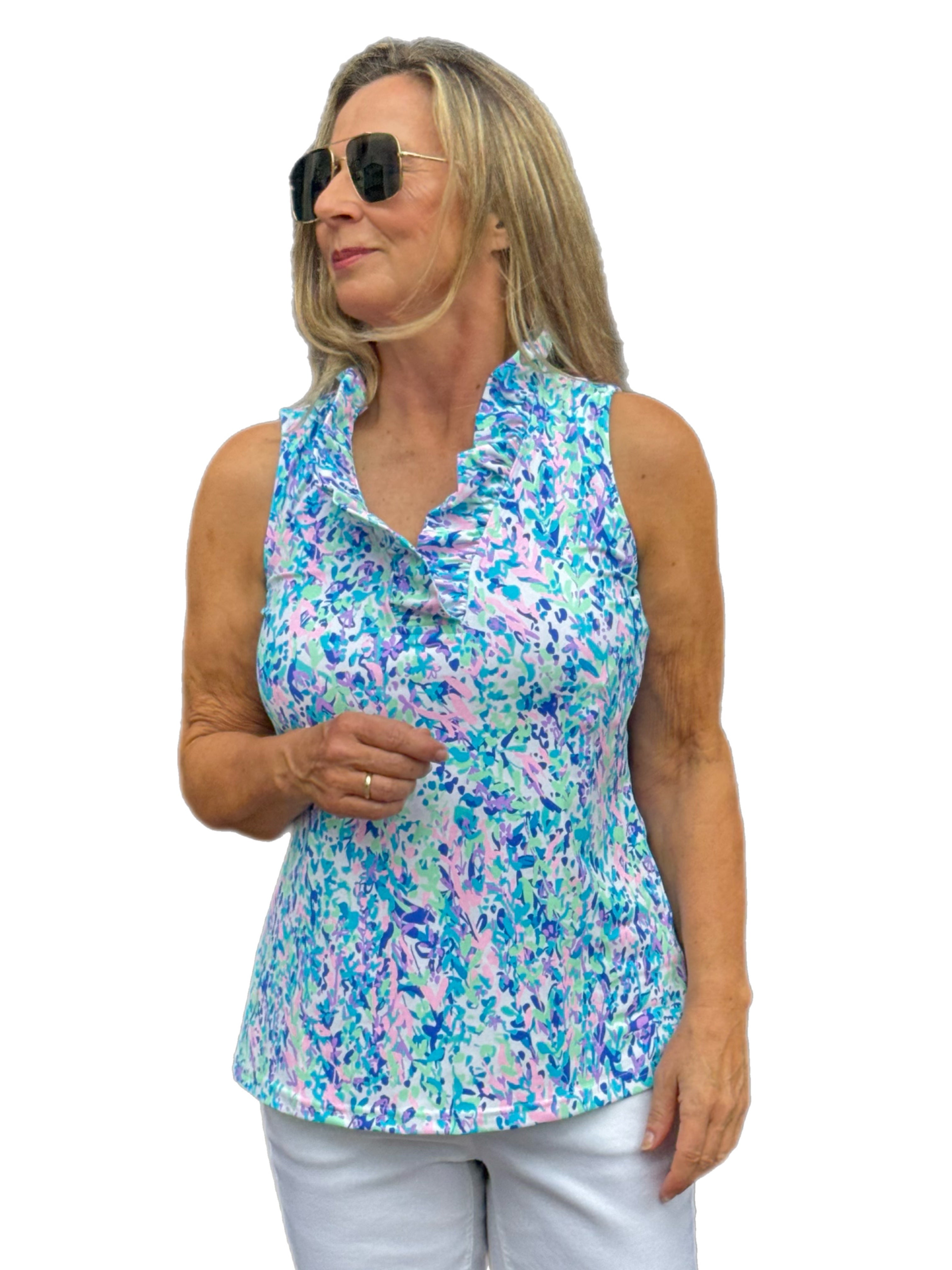 Ruffle-Neck Top with UPF50+ Confetti Pastel - Back of the Bay Boutique