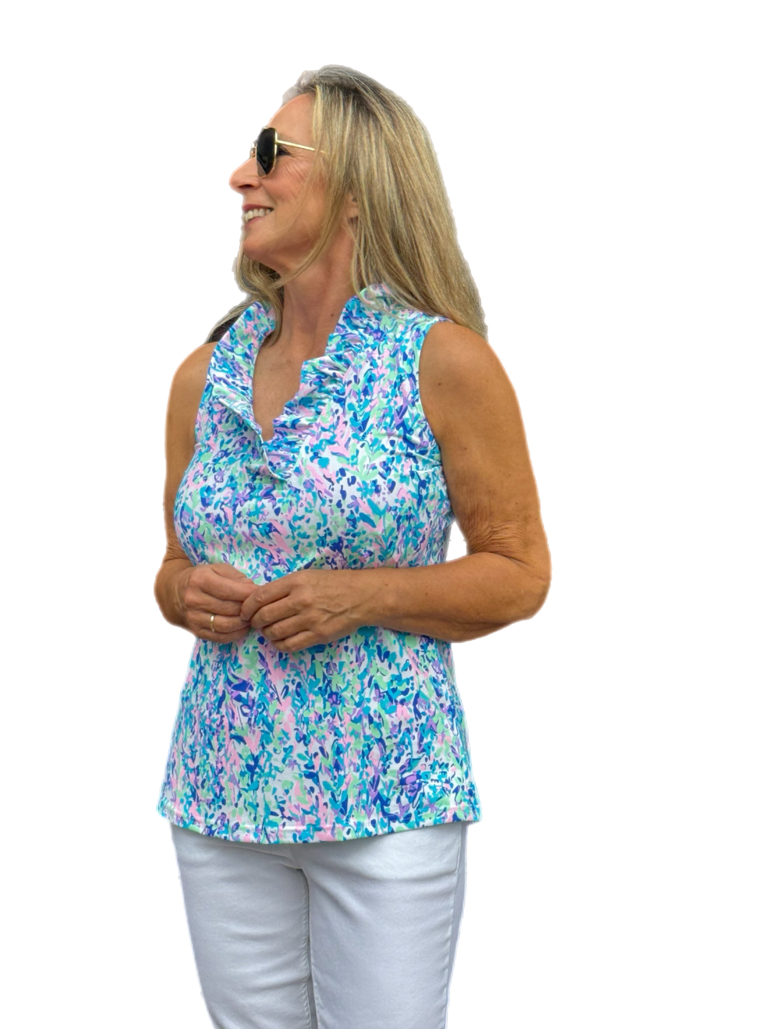 Ruffle-Neck Top with UPF50+ Confetti Pastel - Back of the Bay Boutique