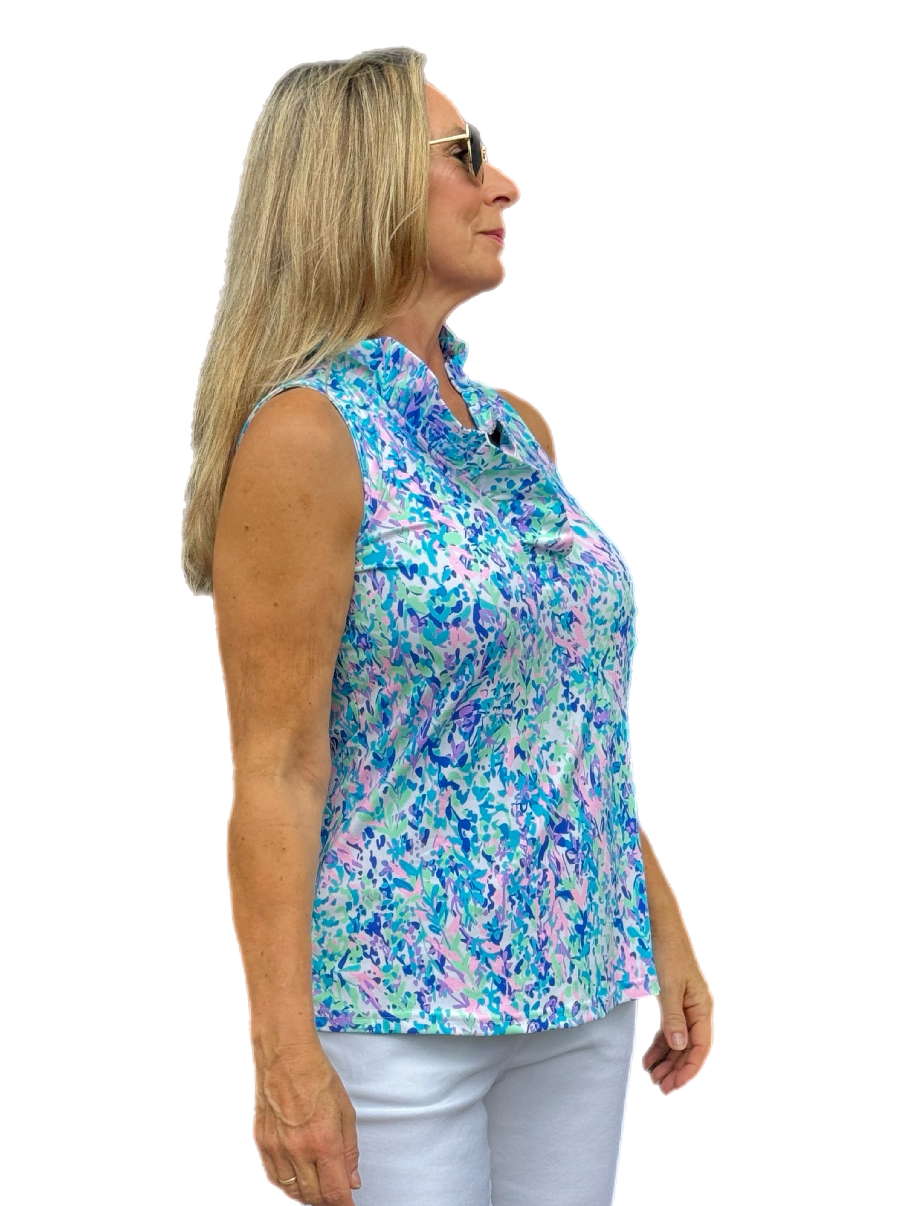Ruffle-Neck Top with UPF50+ Confetti Pastel - Back of the Bay Boutique