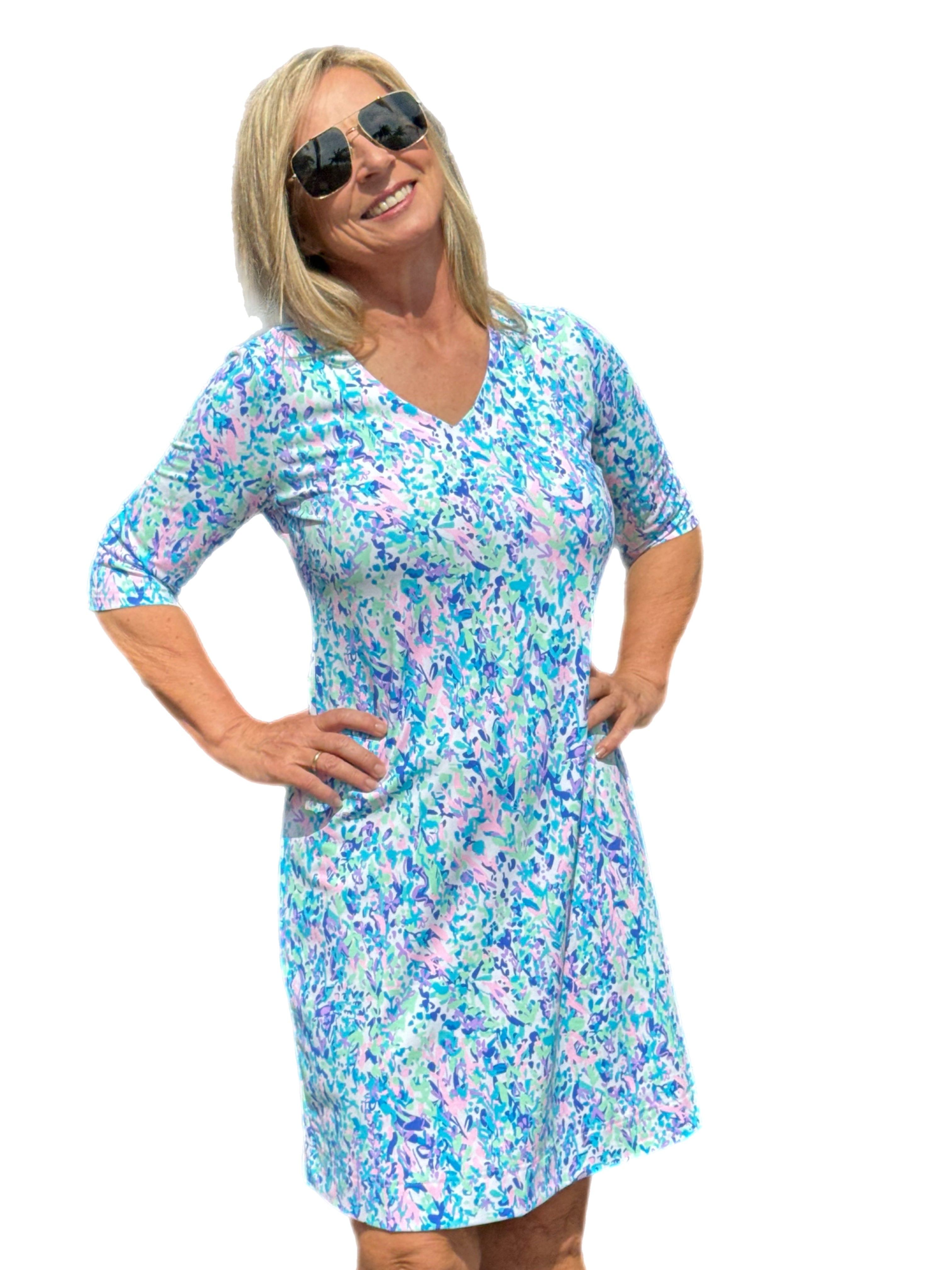 Elbow-Sleeve Travel Dress with UPF50+ Confetti Pastel - Back of the Bay Boutique