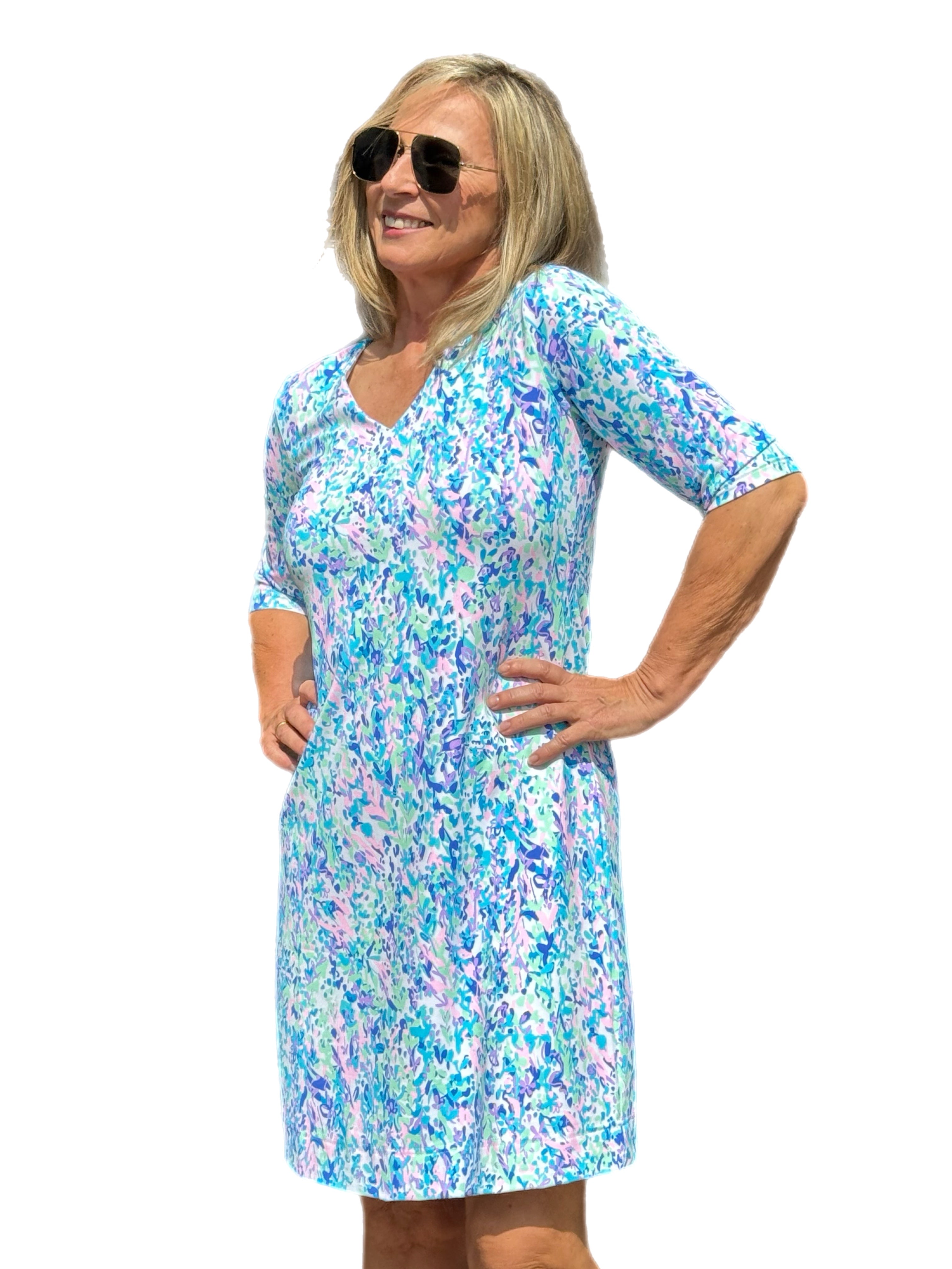 Elbow-Sleeve Travel Dress with UPF50+ Confetti Pastel - Back of the Bay Boutique