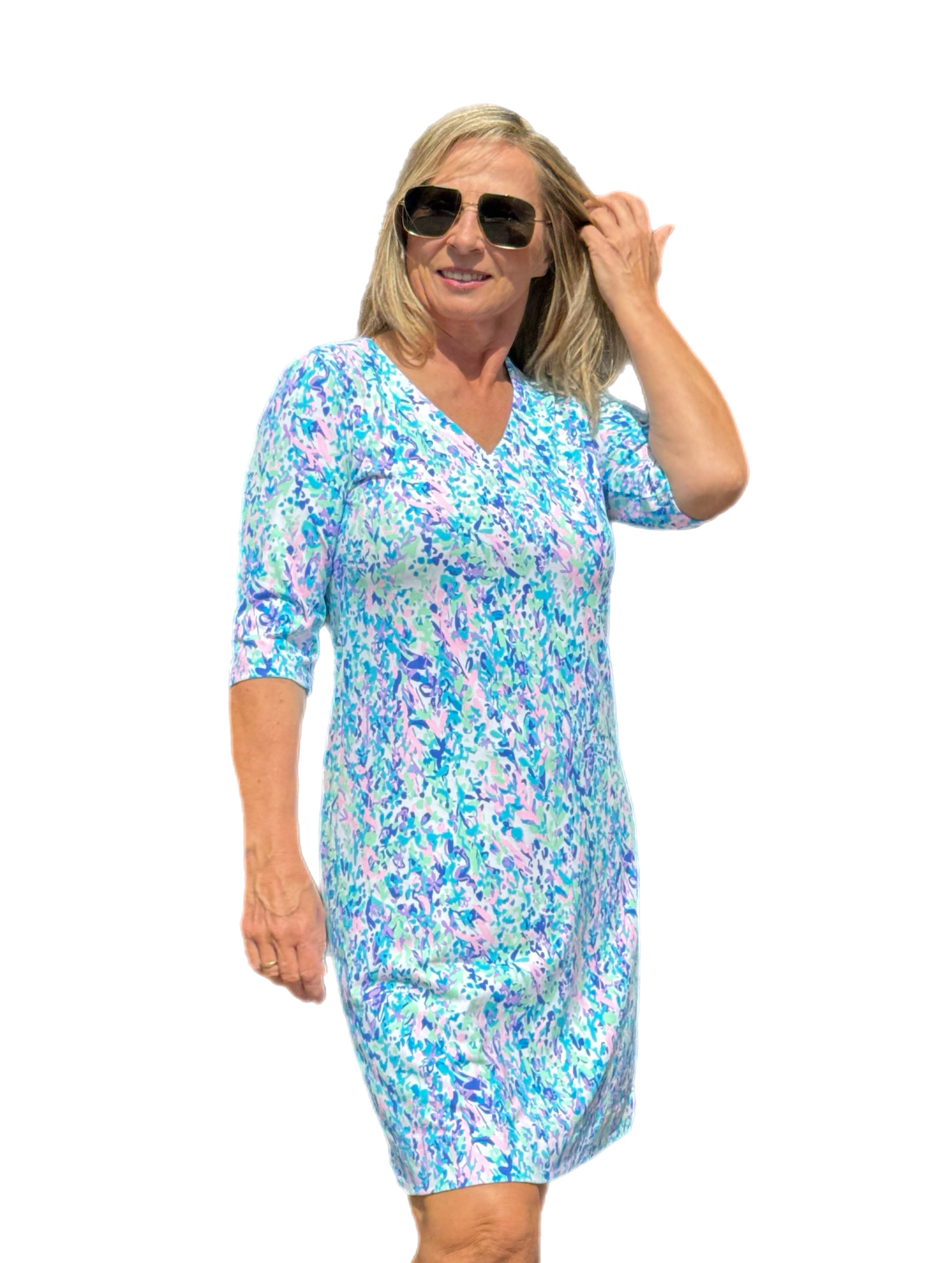 Elbow-Sleeve Travel Dress with UPF50+ Confetti Pastel - Back of the Bay Boutique