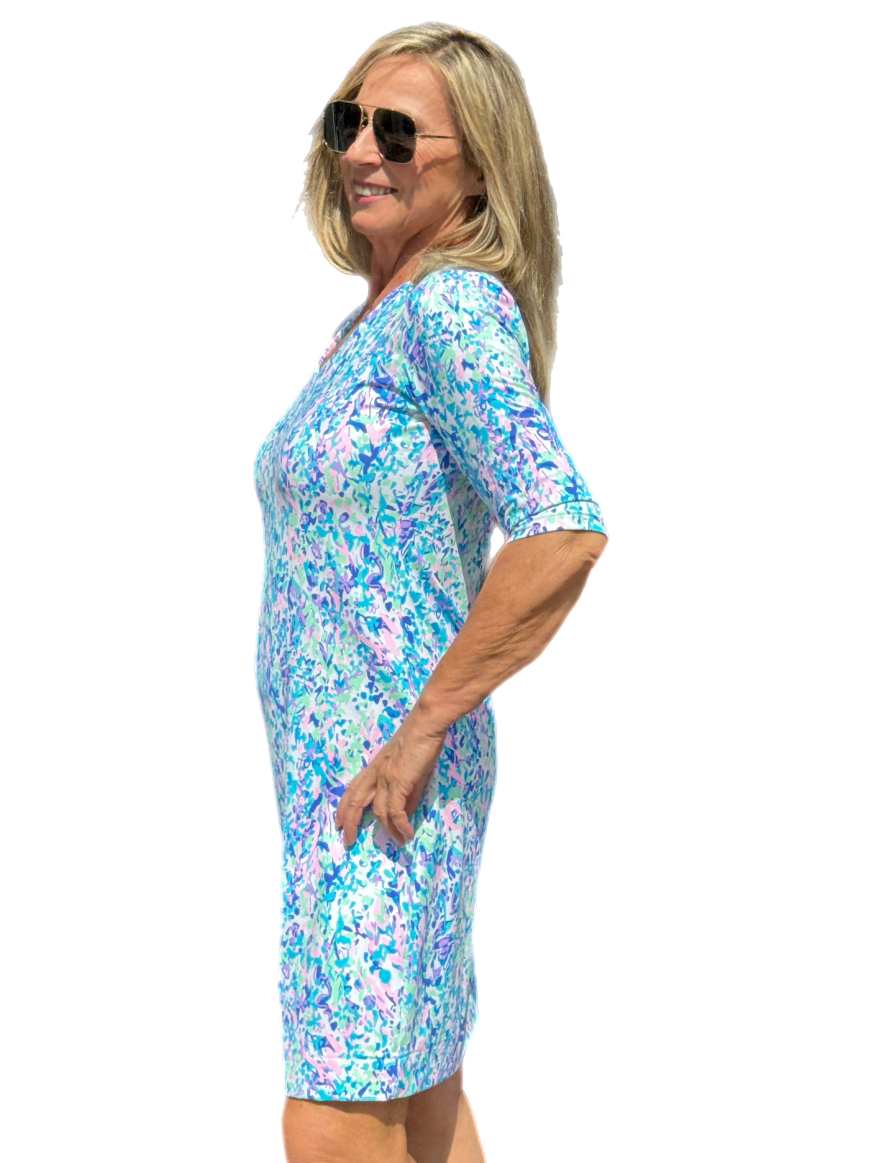Elbow-Sleeve Travel Dress with UPF50+ Confetti Pastel - Back of the Bay Boutique