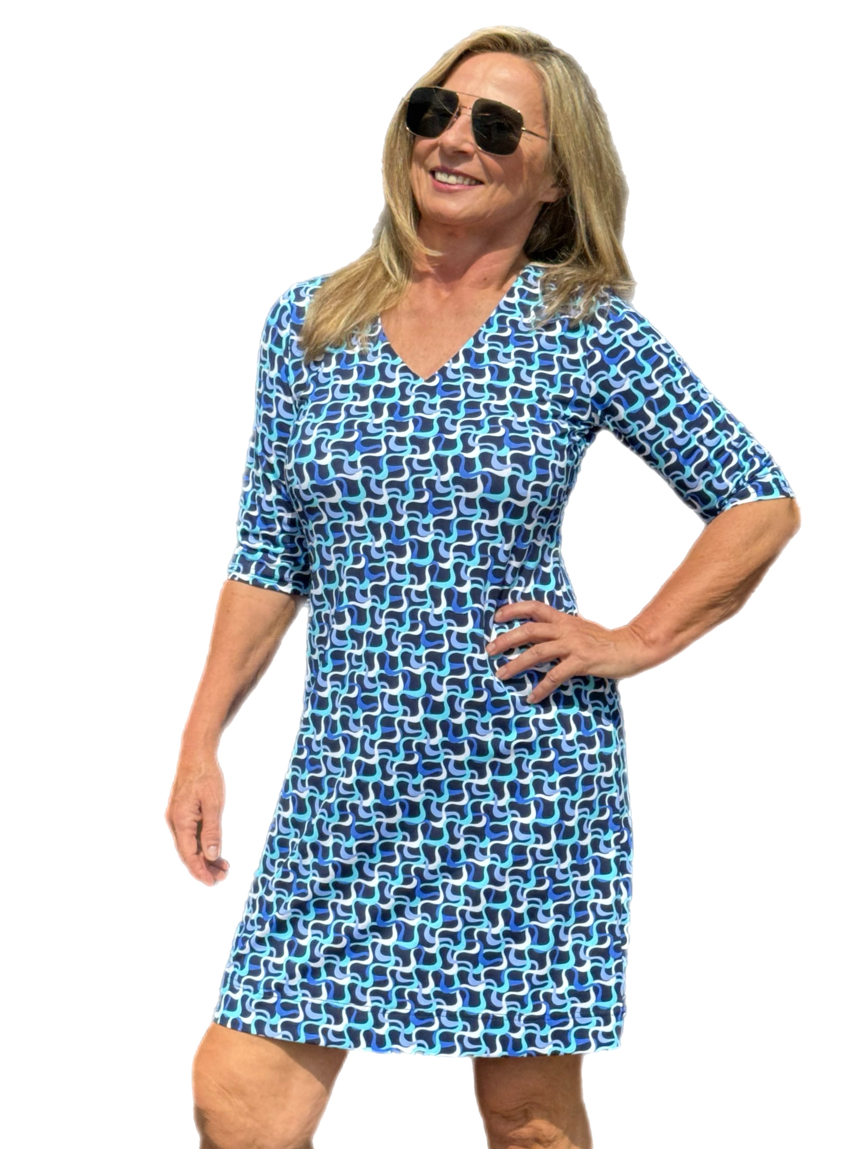 Elbow-Sleeve Travel Dress with UPF50+ Navy Waves - Back of the Bay Boutique