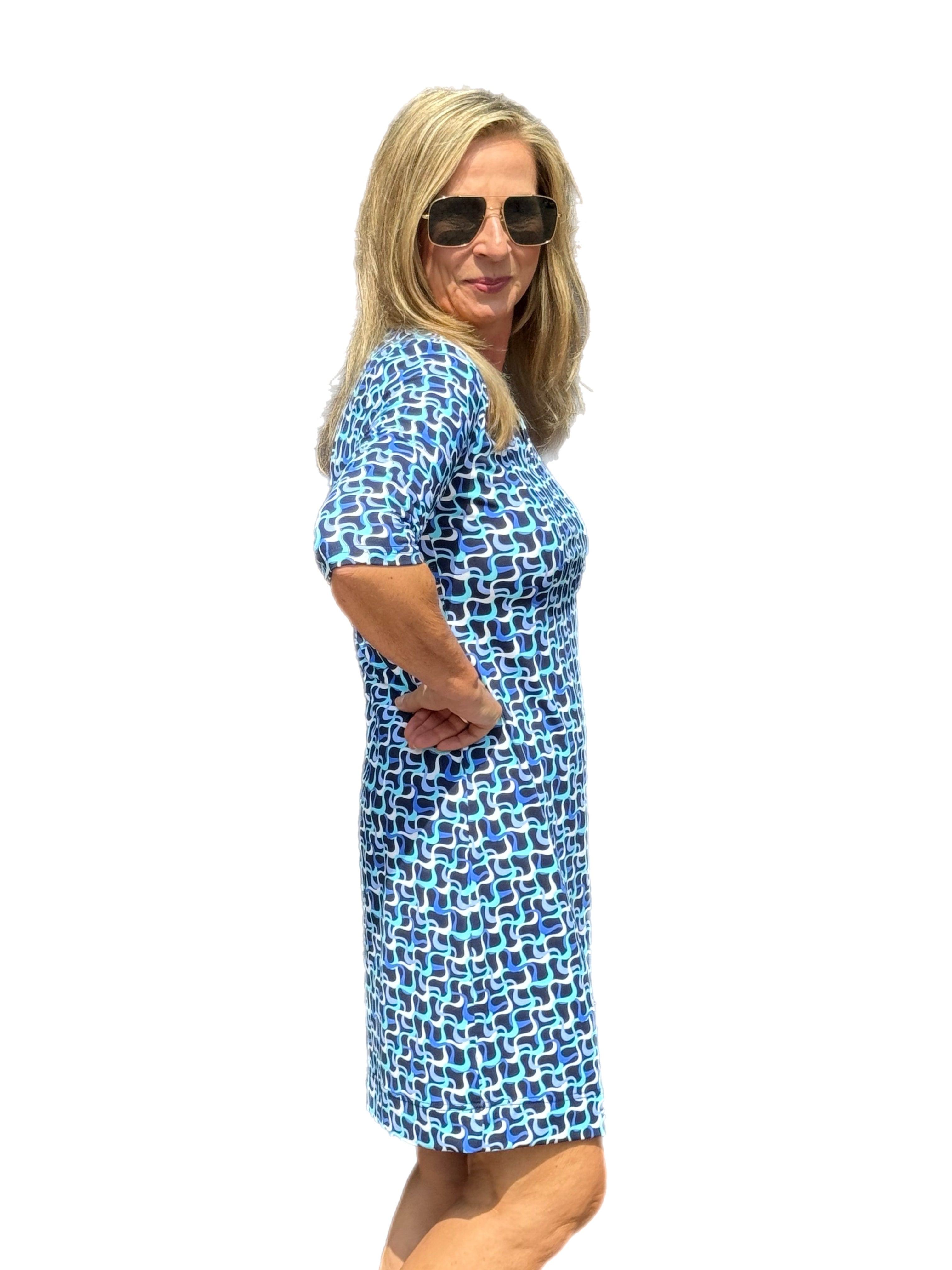 Elbow-Sleeve Travel Dress with UPF50+ Navy Waves - Back of the Bay Boutique
