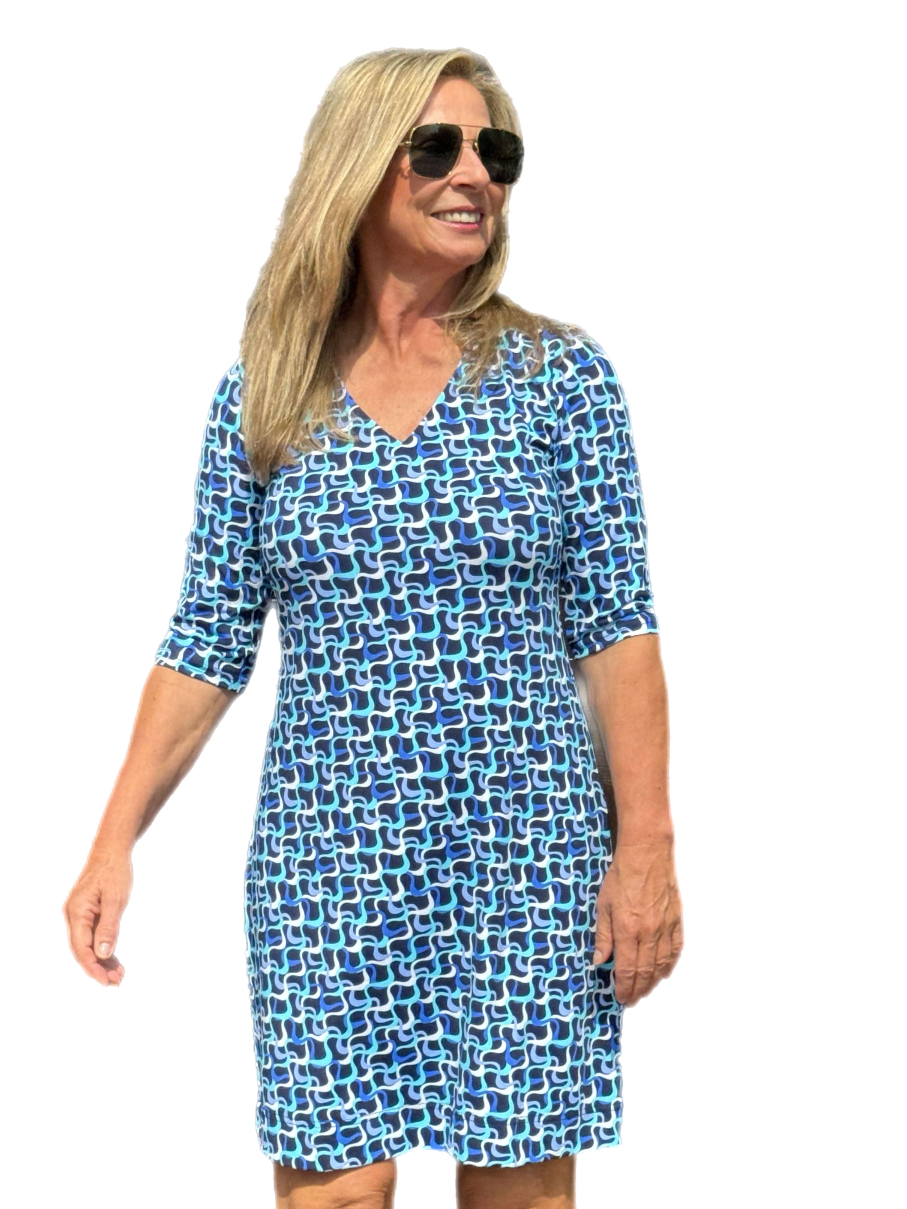 Elbow-Sleeve Travel Dress with UPF50+ Navy Waves - Back of the Bay Boutique