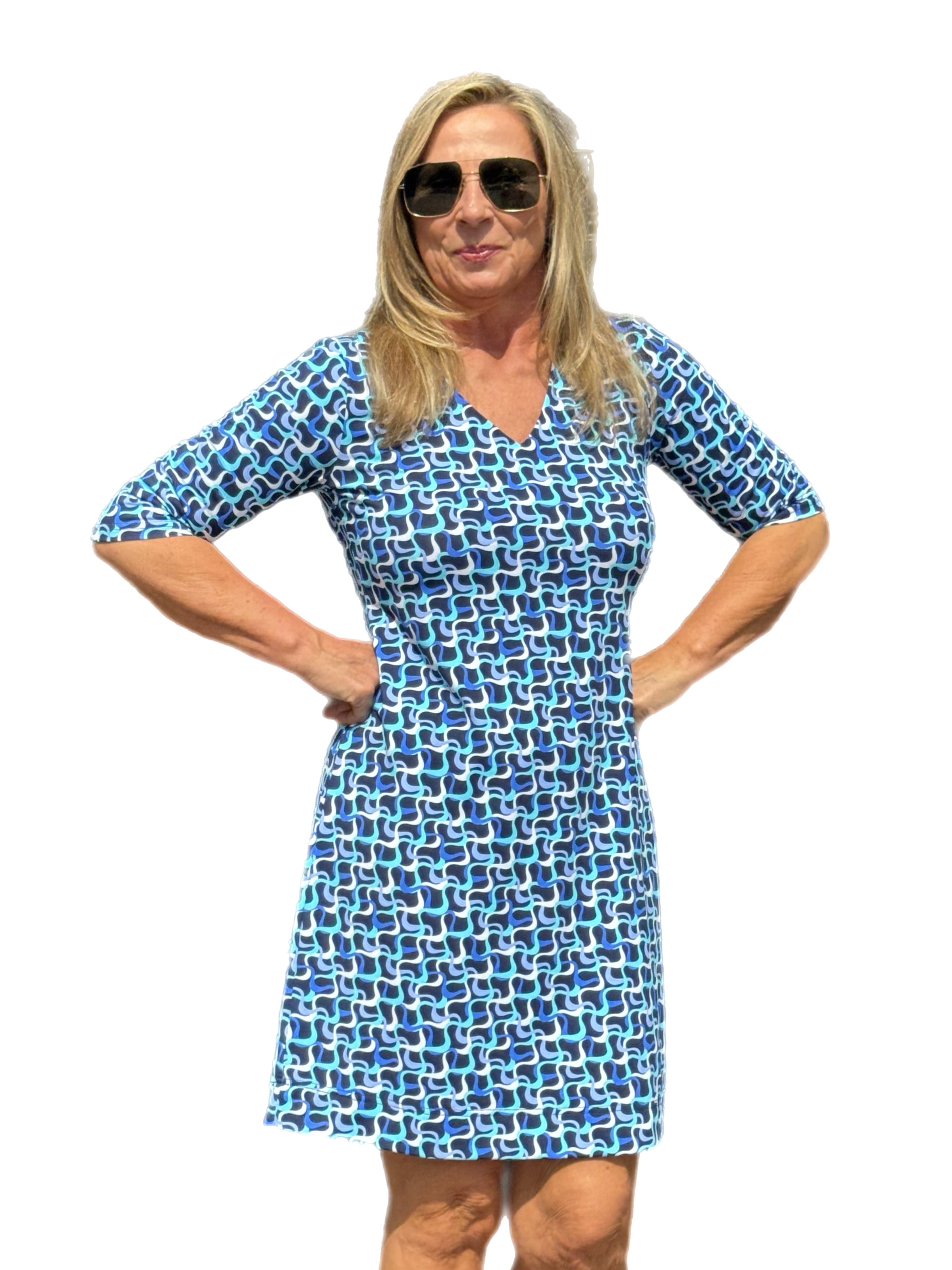 Elbow-Sleeve Travel Dress with UPF50+ Navy Waves - Back of the Bay Boutique