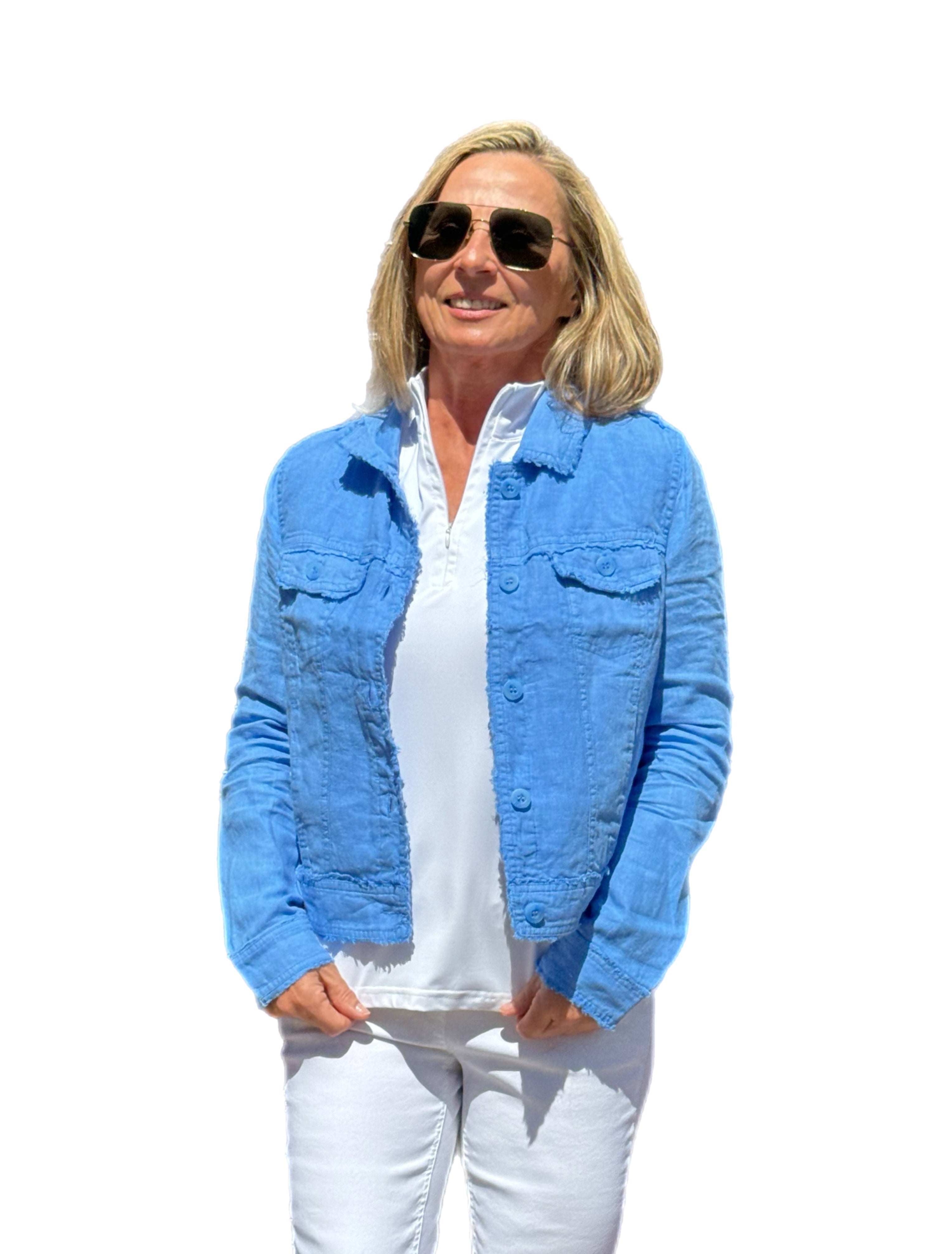 Long-Sleeve Linen Jacket Bright Periwinkle - Back of the Bay Boutique