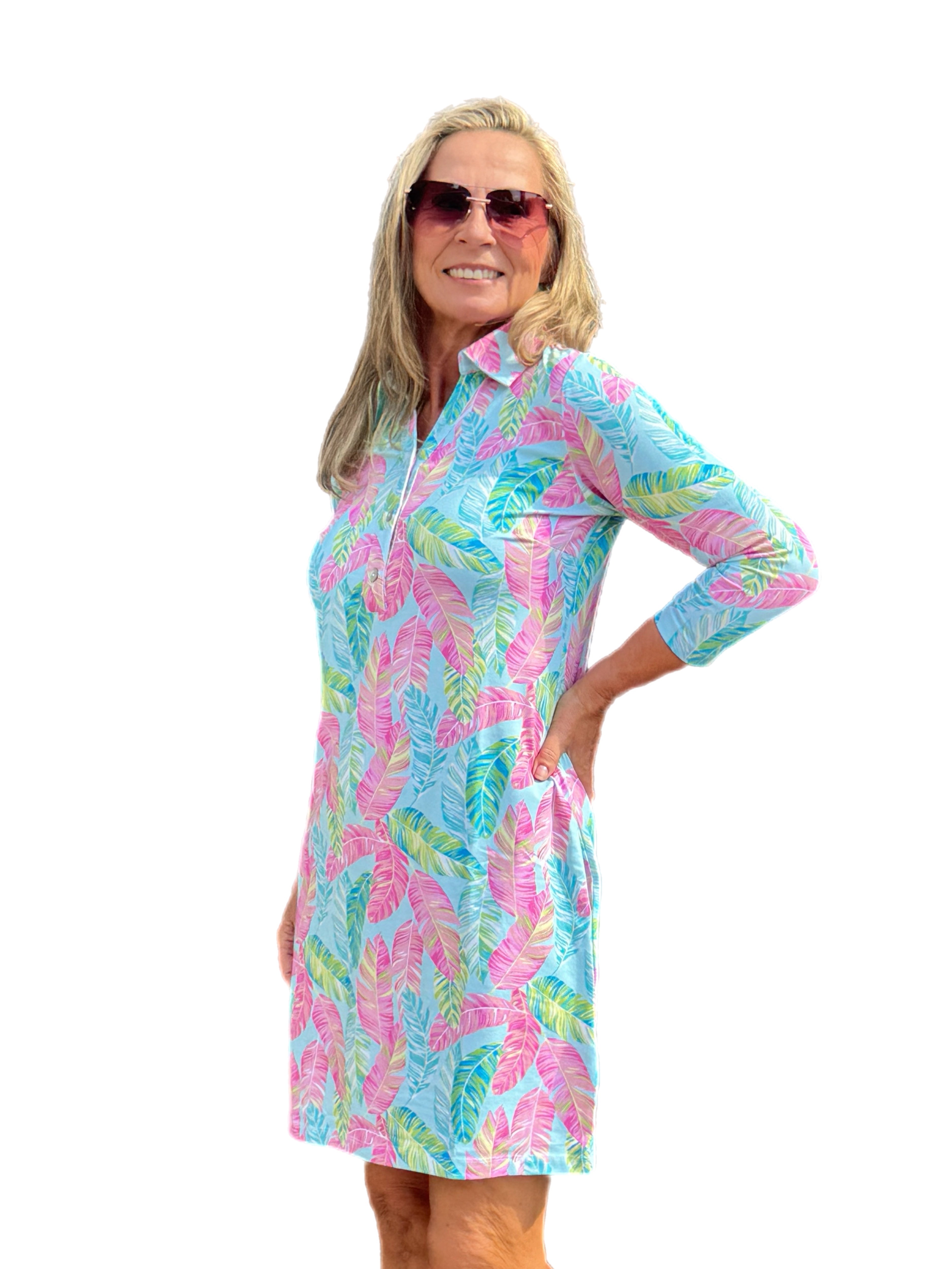 3/4 Sleeve V-Neck Polo COTTON Dress with UPF50+ Palm Feather Seafoam/Multi - Back of the Bay Boutique