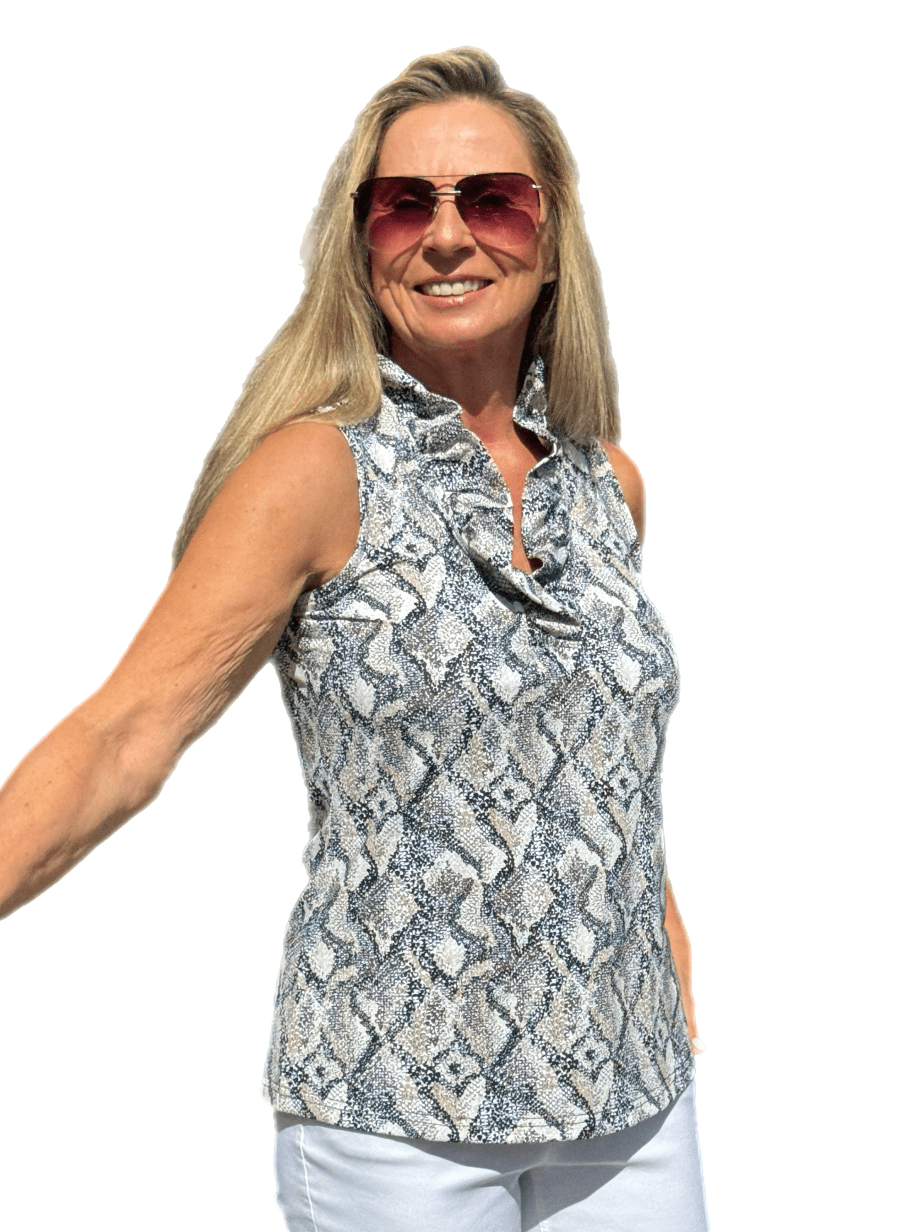 Ruffle-Neck Top with UPF50+ Taupe Python - Back of the Bay Boutique