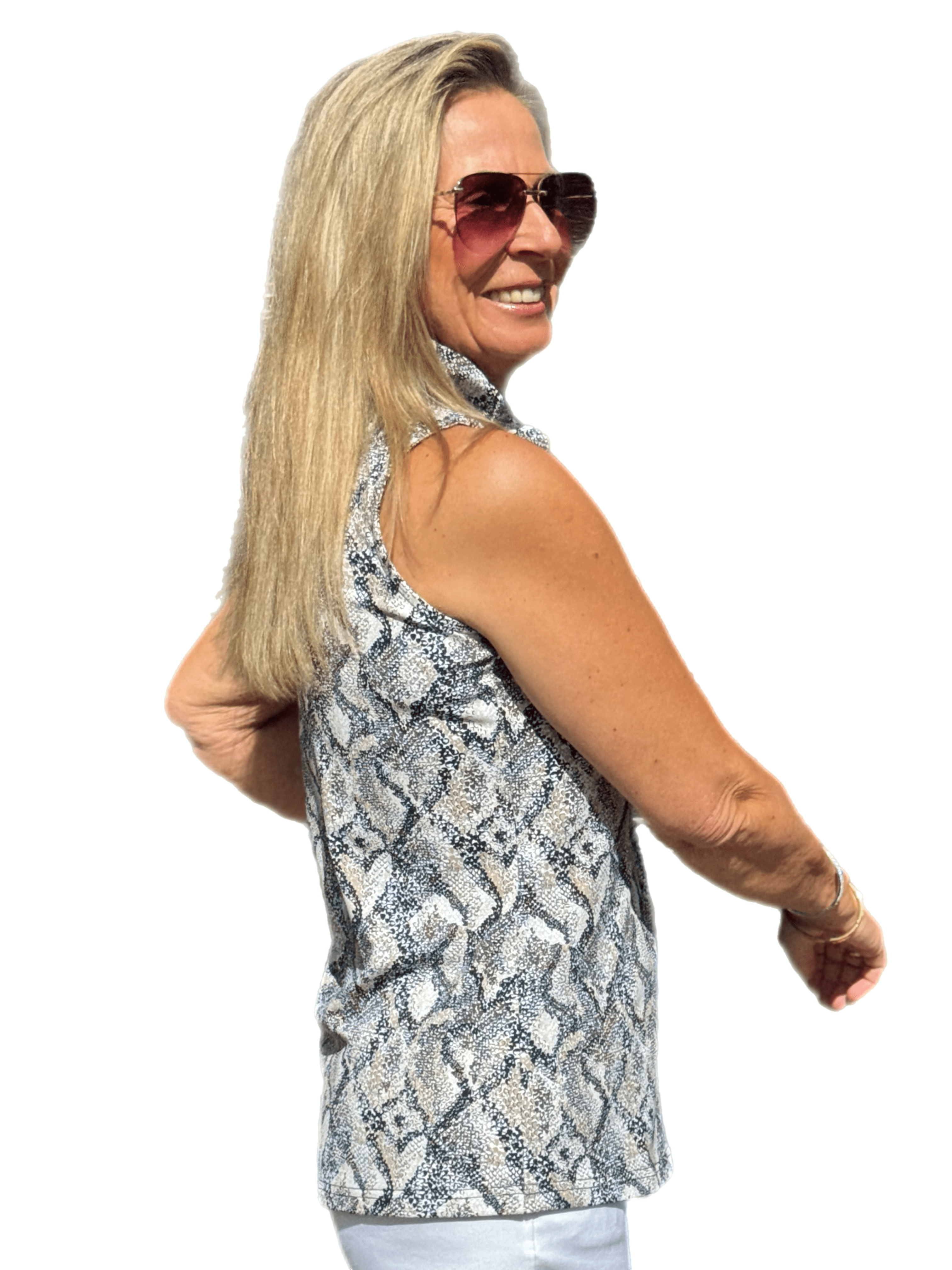 Ruffle-Neck Top with UPF50+ Taupe Python - Back of the Bay Boutique