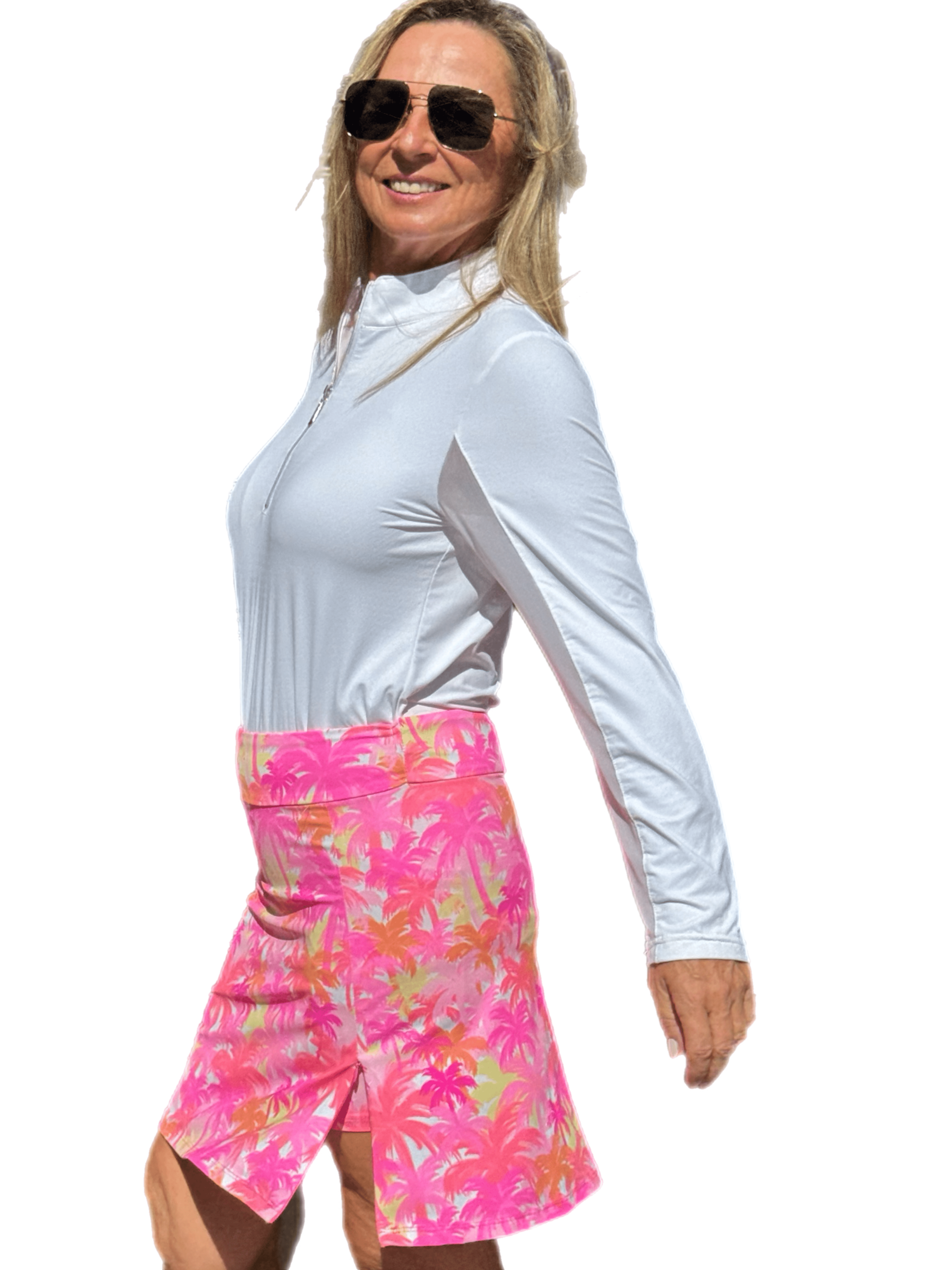 Pull-on Zip Skort with UPF50+ Palm Tree Pink - Back of the Bay Boutique