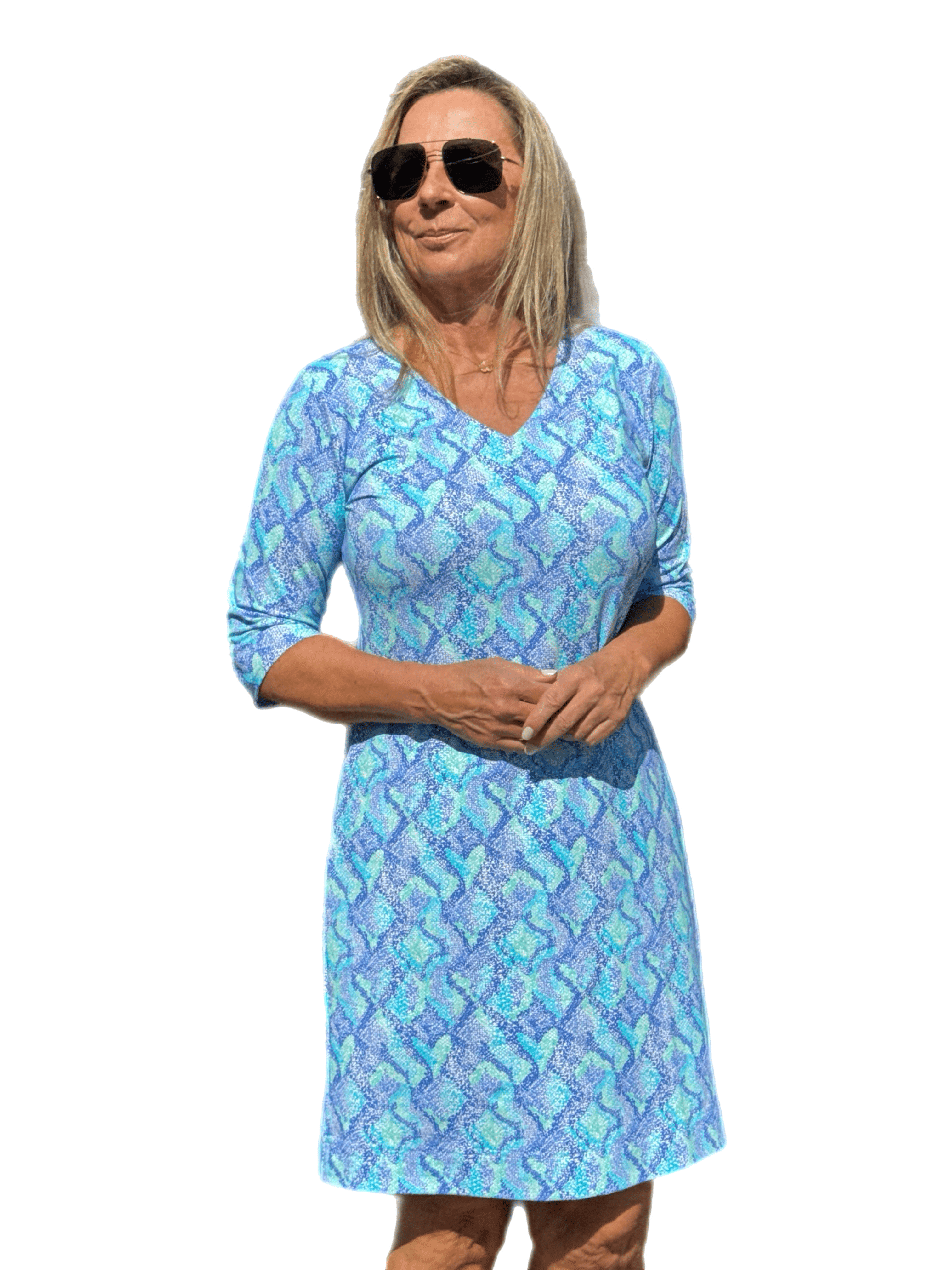 Elbow-Sleeve Travel Dress with UPF50+ Seafoam Python - Back of the Bay Boutique