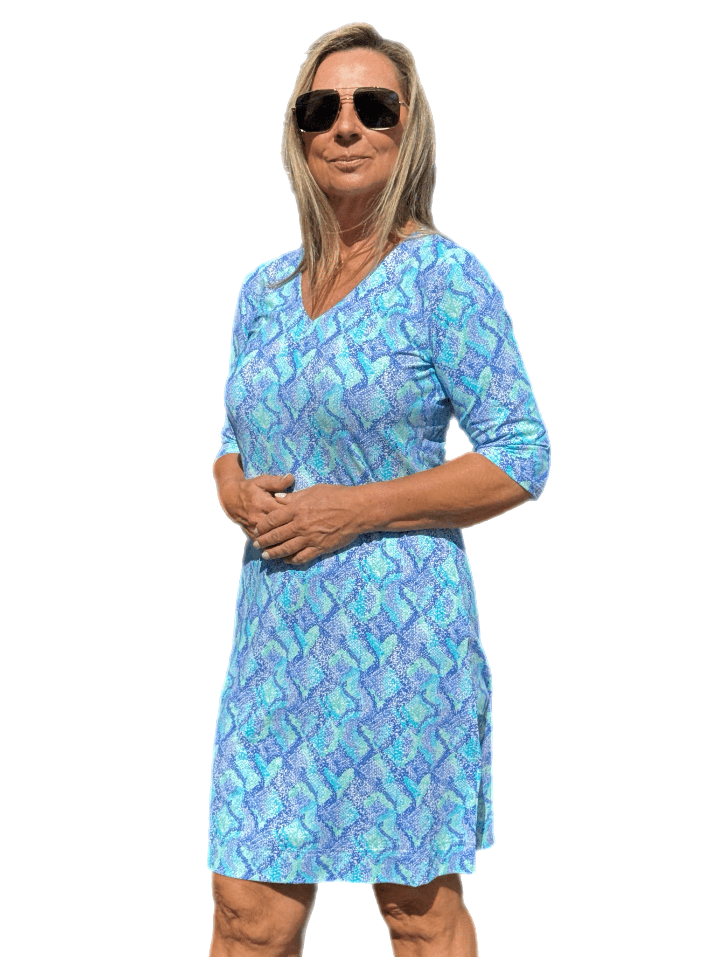 Elbow-Sleeve Travel Dress with UPF50+ Seafoam Python - Back of the Bay Boutique