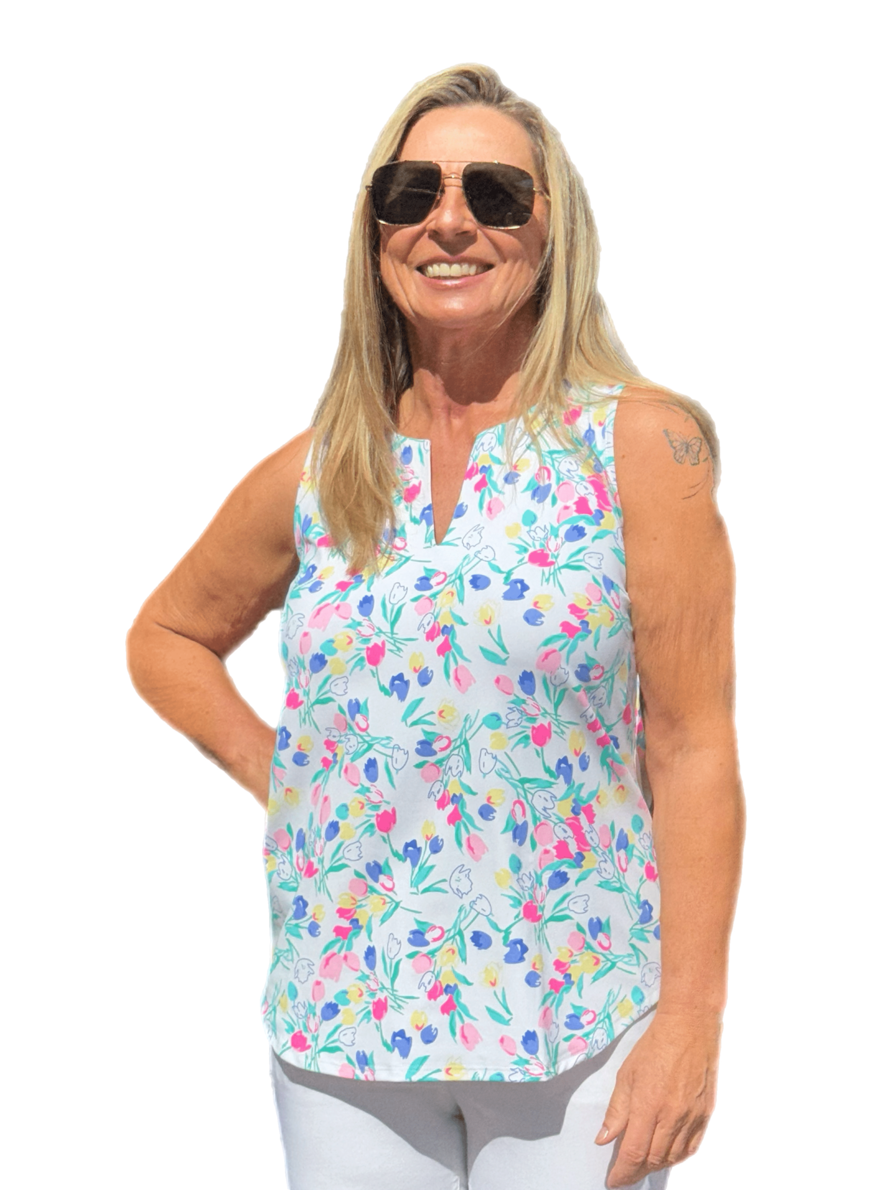 Keyhole Sleeveless Top with UPF50+ Summer Breeze Tulip - Back of the Bay Boutique