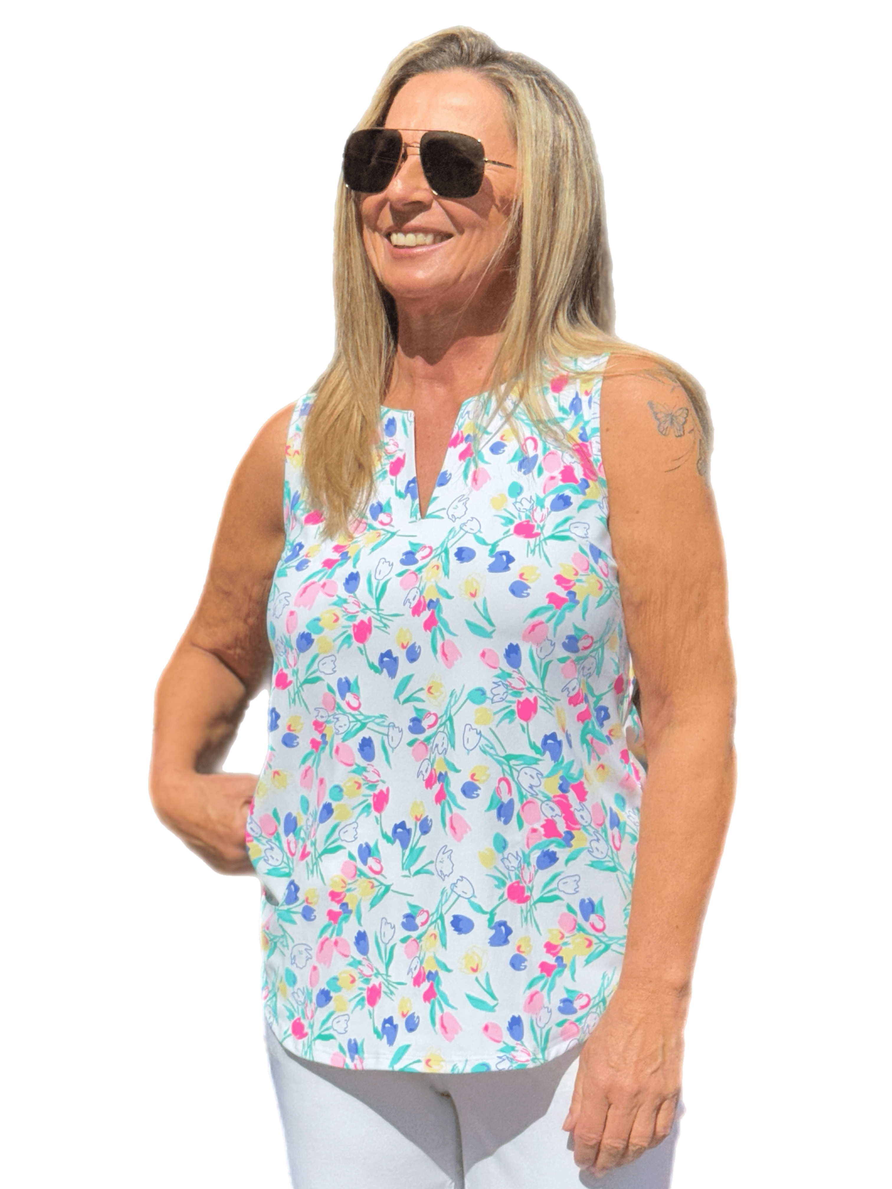Keyhole Sleeveless Top with UPF50+ Summer Breeze Tulip - Back of the Bay Boutique
