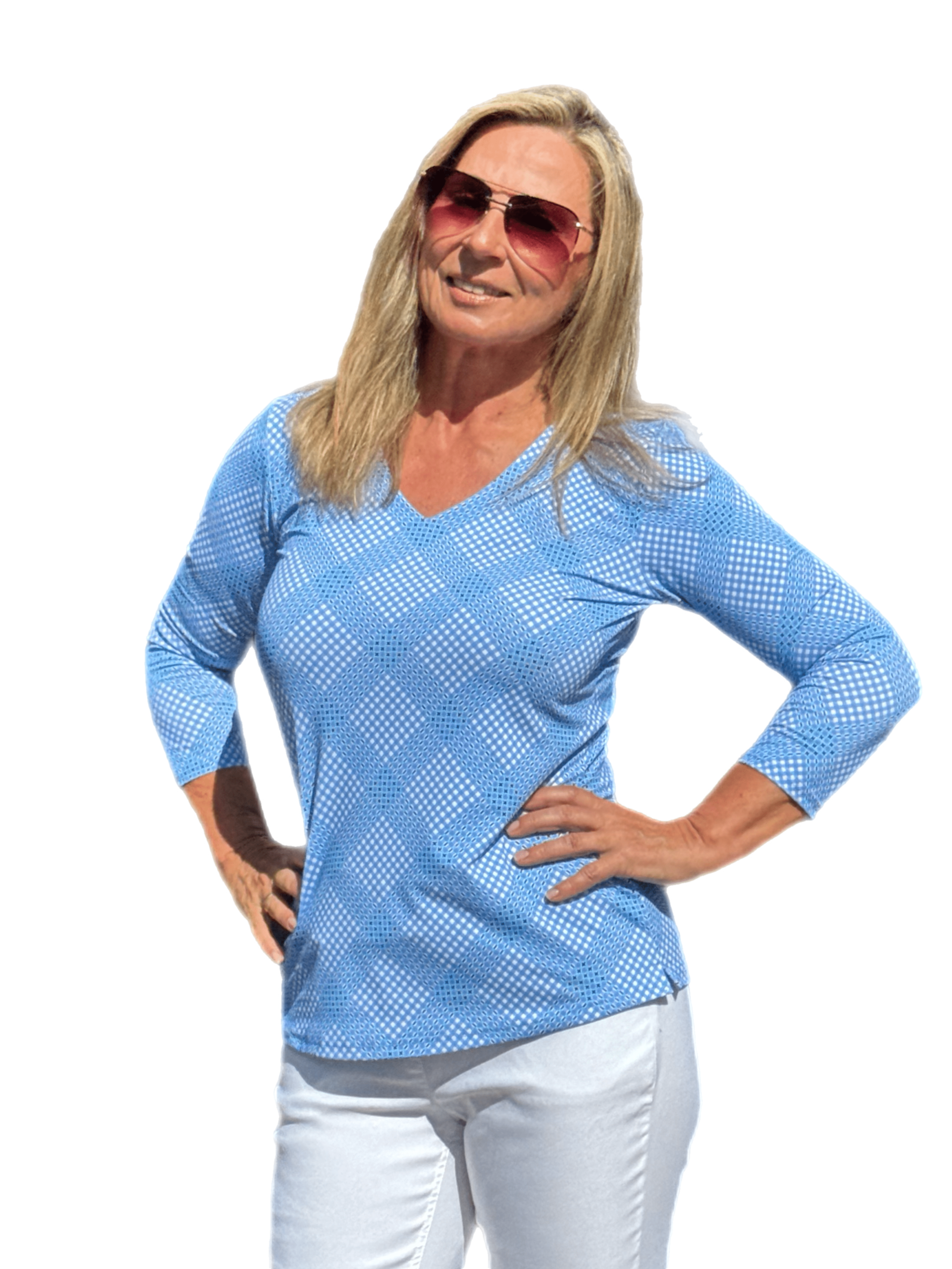V-Neck Top with UPF50+ Check Periwinkle - Back of the Bay Boutique