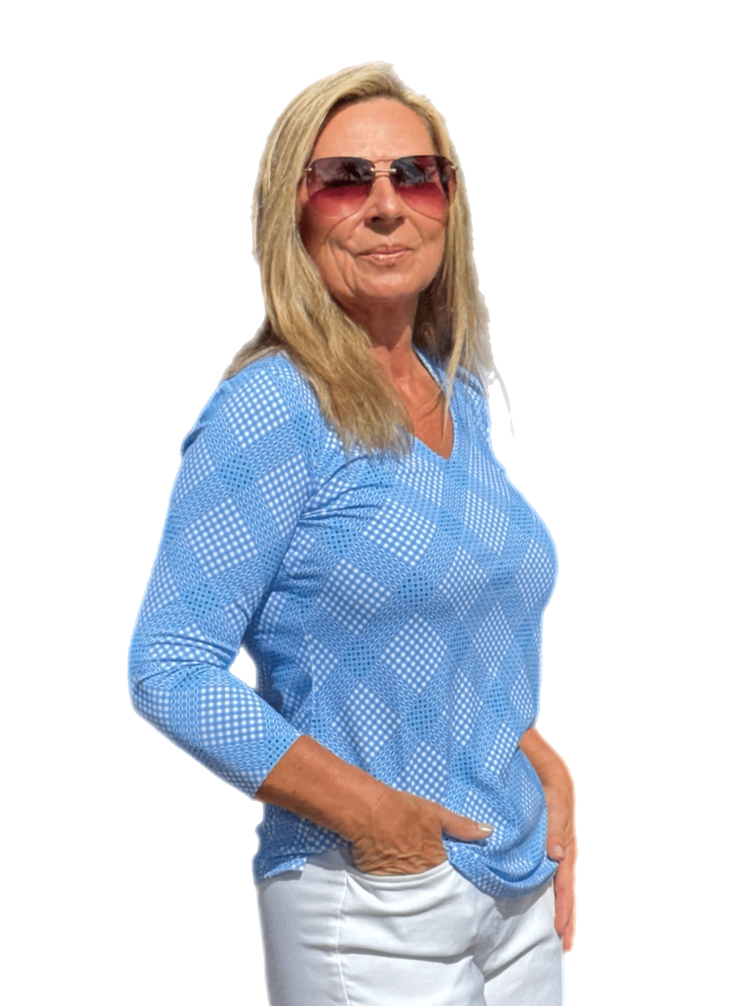 V-Neck Top with UPF50+ Check Periwinkle - Back of the Bay Boutique