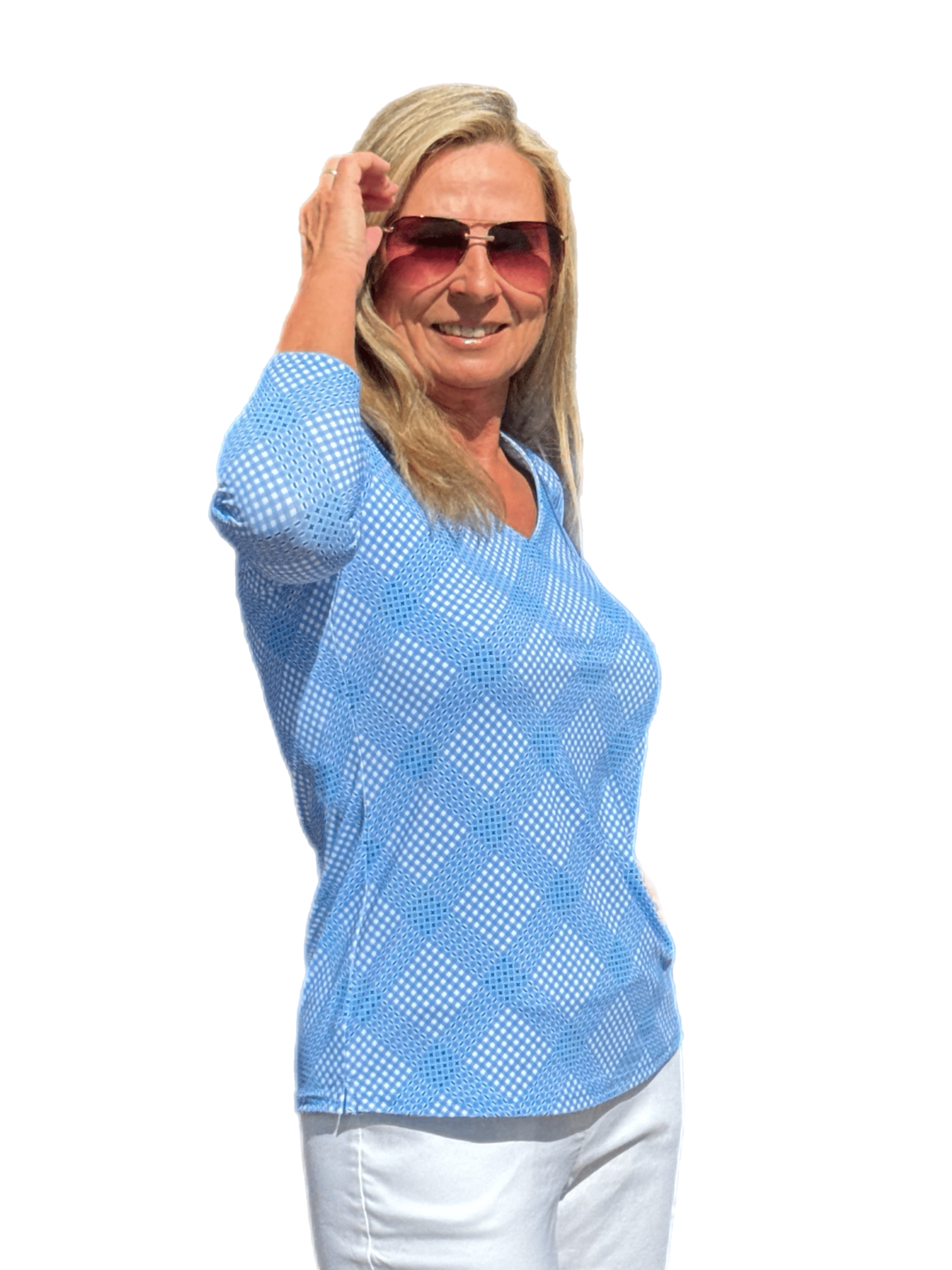 V-Neck Top with UPF50+ Check Periwinkle - Back of the Bay Boutique
