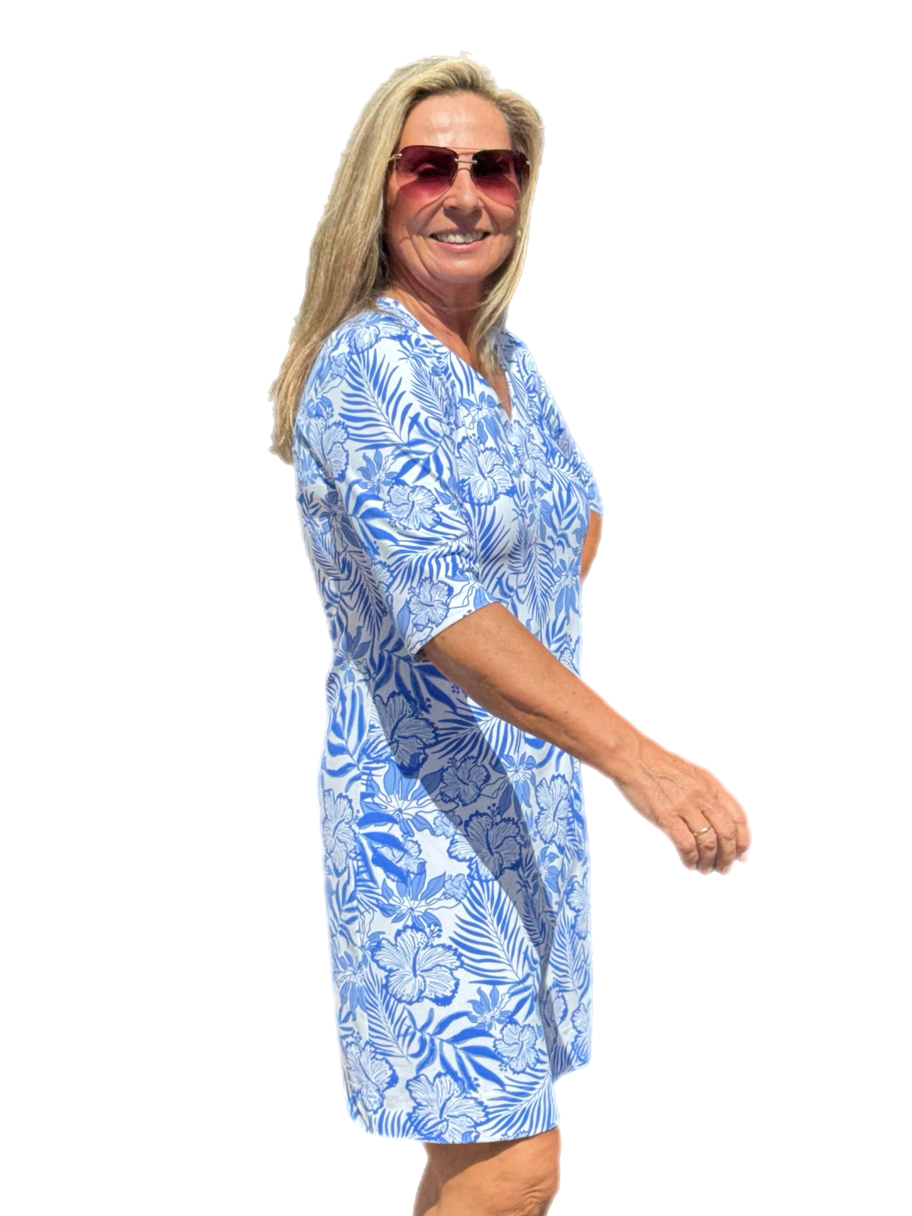 Elbow-Sleeve Travel Dress with UPF50+ Summer Breeze Blue - Back of the Bay Boutique