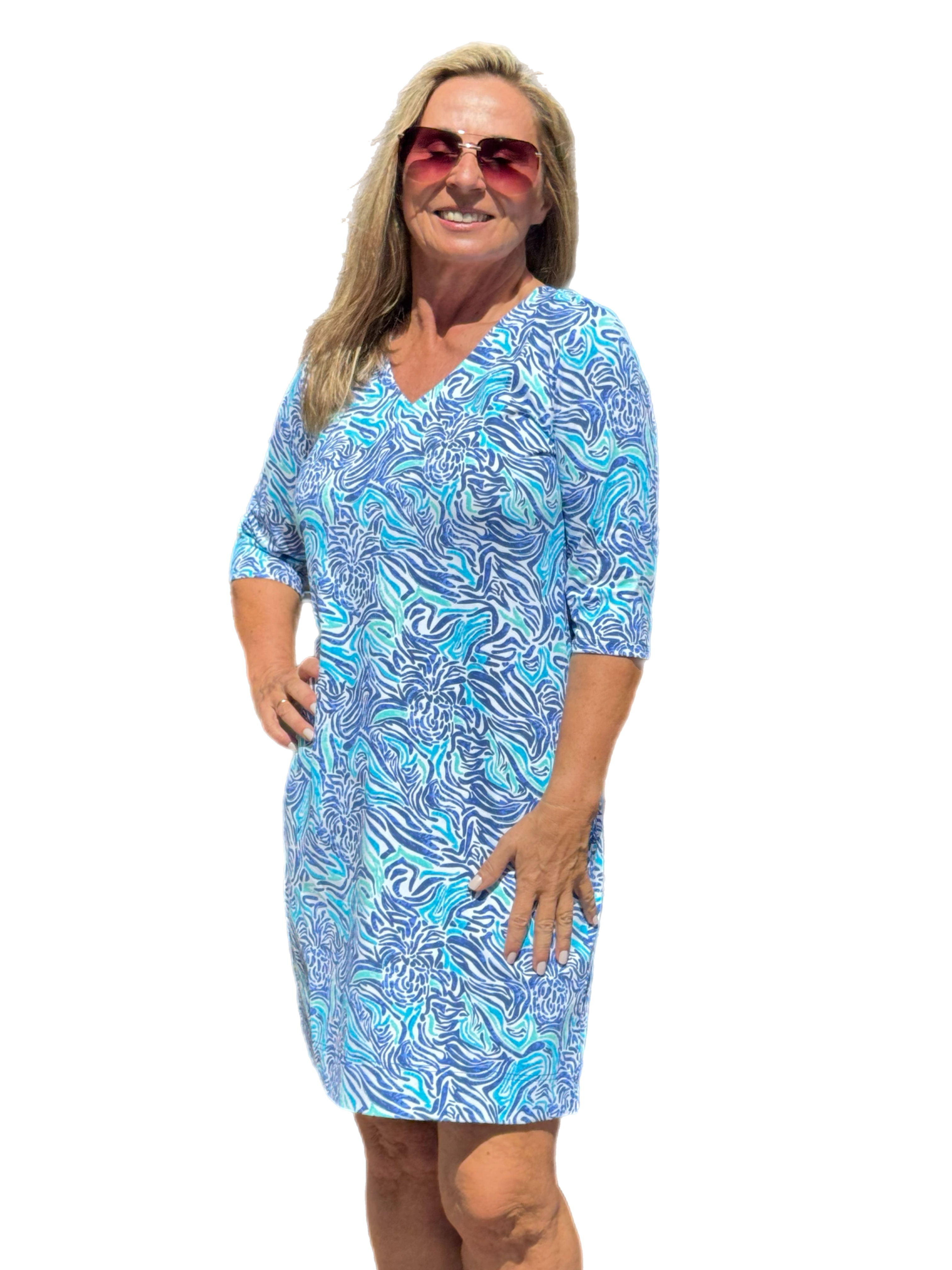 Elbow-Sleeve Travel Dress with UPF50+ Light Peri Zebra - Back of the Bay Boutique