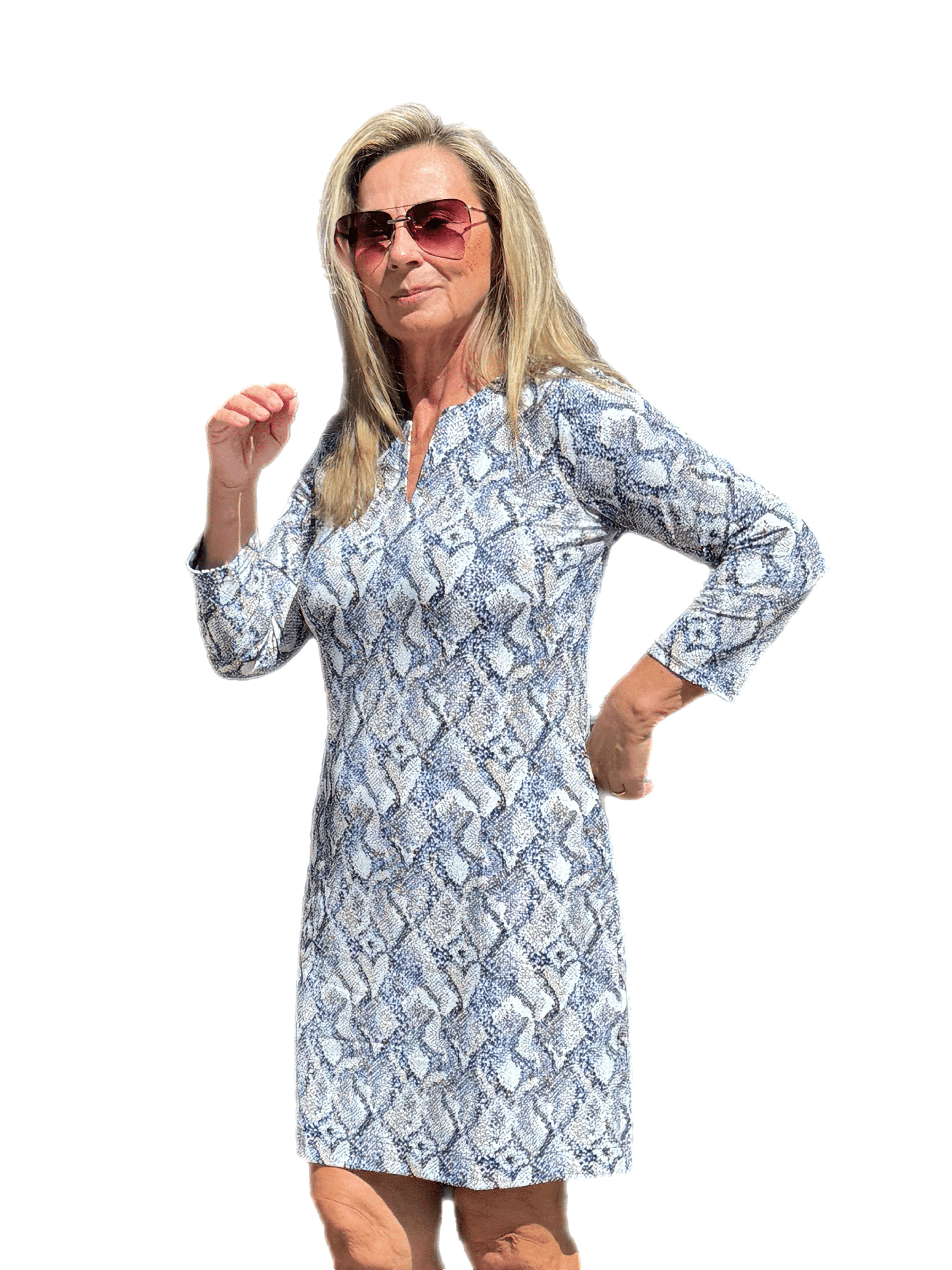 Notched V-Neck Travel Dress with UPF50+ Taupe Python - Back of the Bay Boutique