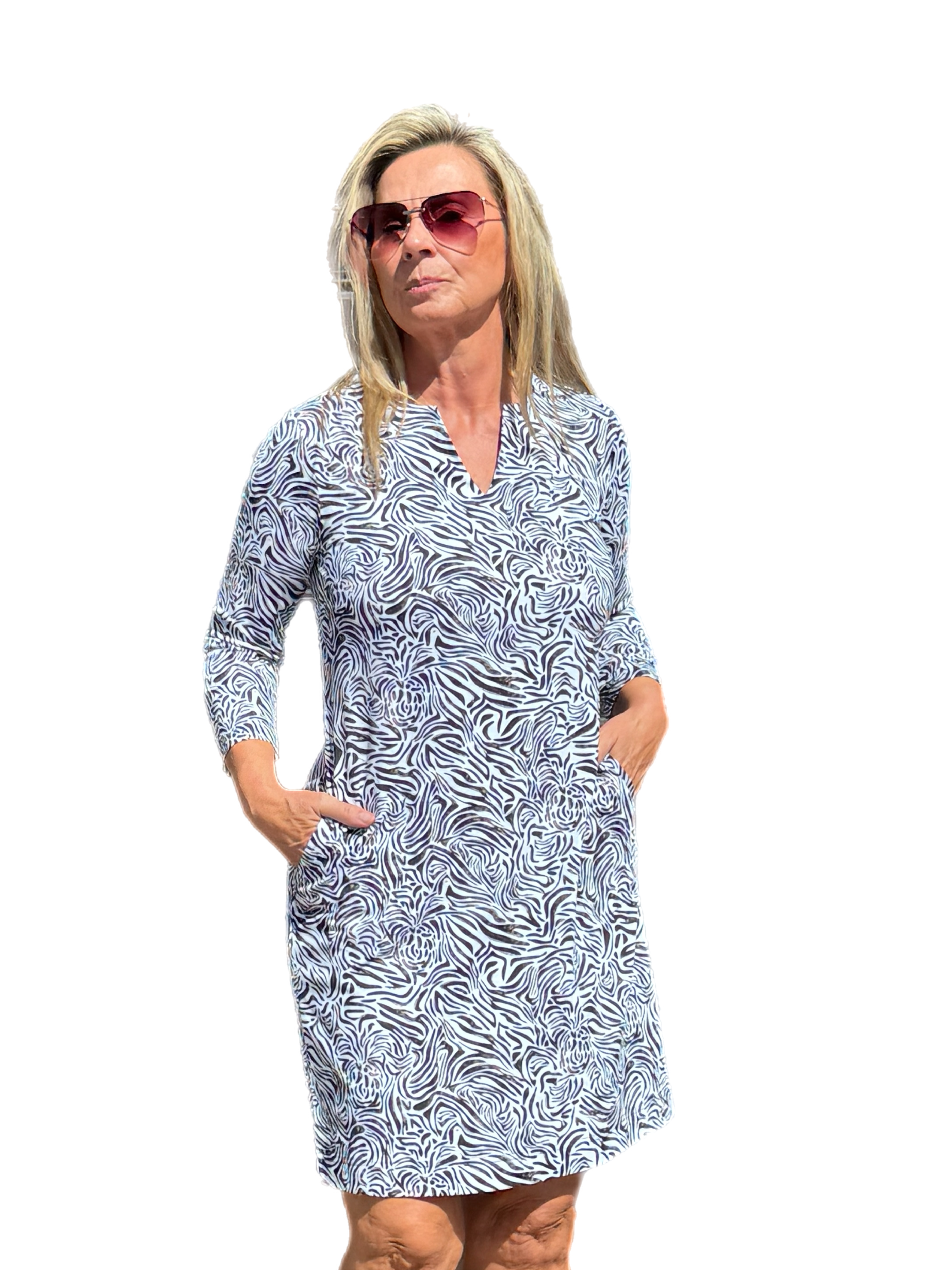 Notched V-Neck Travel Dress with UPF50+ Black Zebra - Back of the Bay Boutique