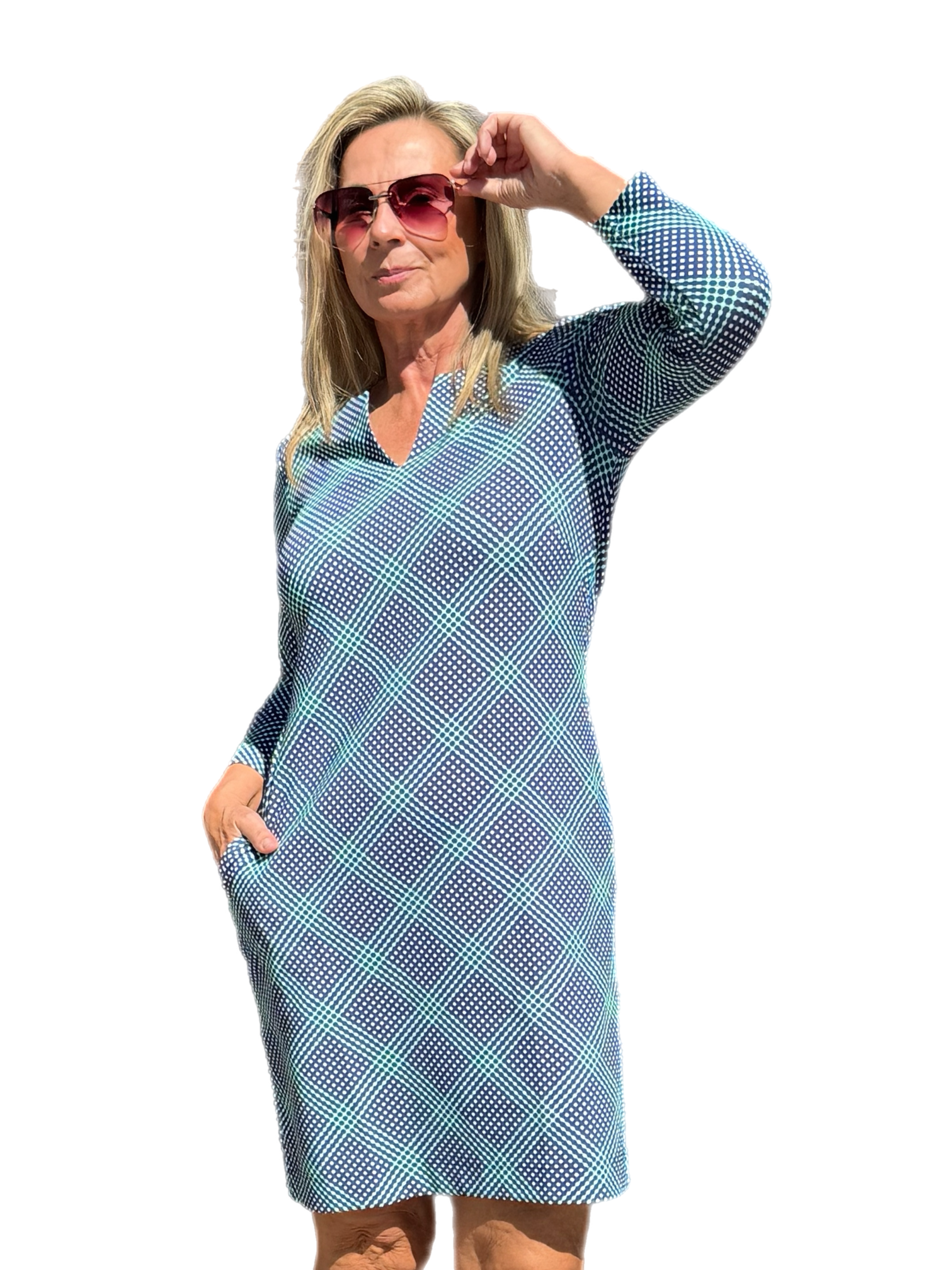 Notched V-Neck Travel Dress with UPF50+ Check Navy - Back of the Bay Boutique
