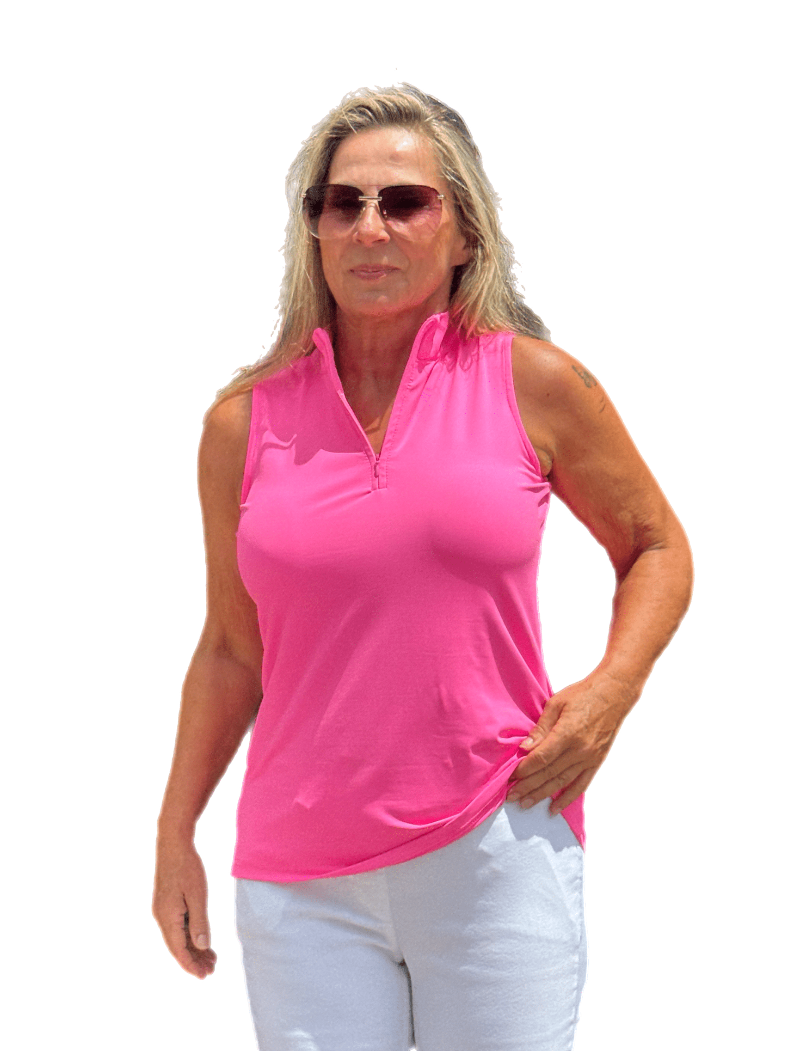 High Zip-Neck Sleeveless Top with UPF50+ Bright Hot Pink