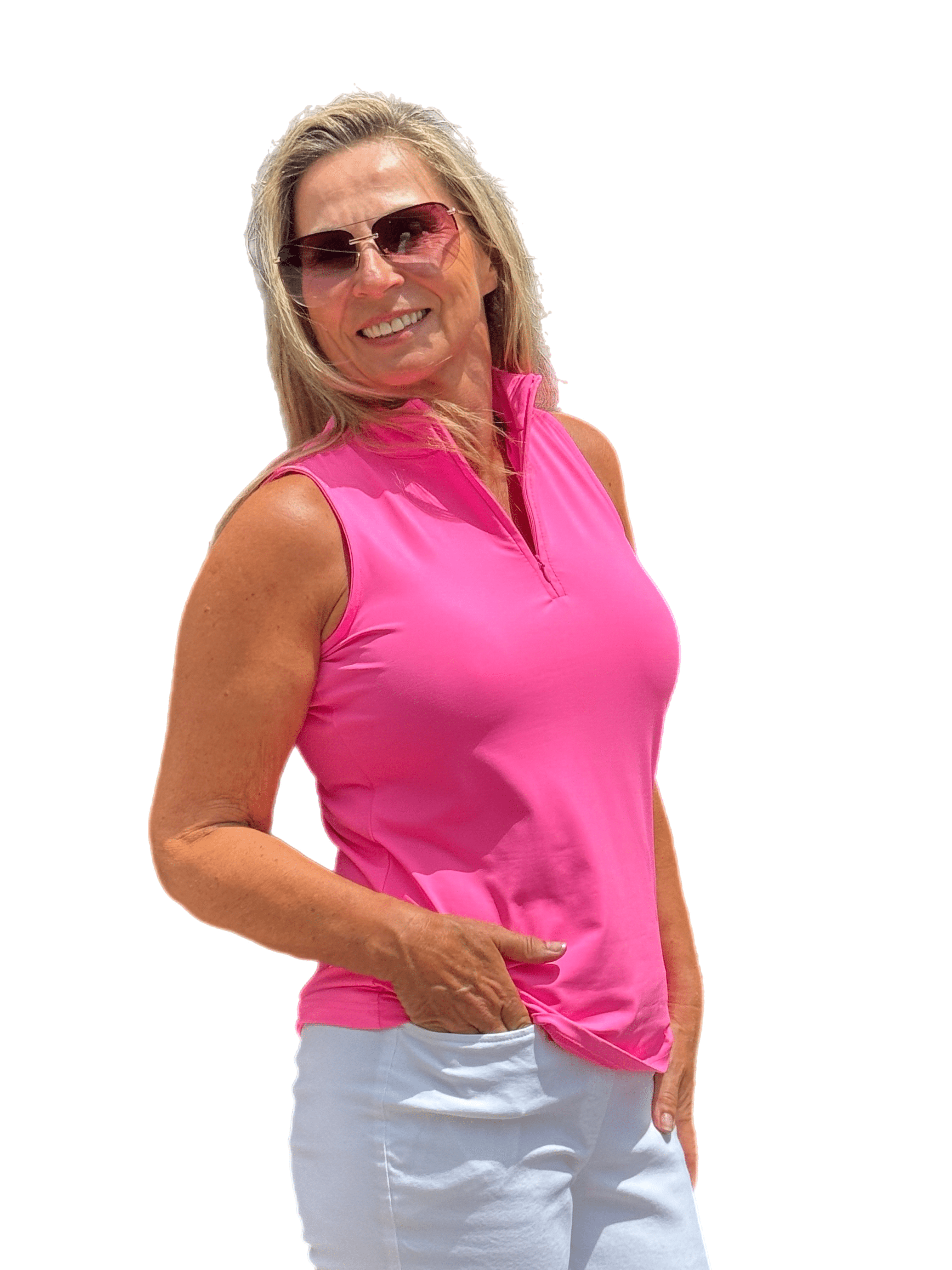 High Zip-Neck Sleeveless Top with UPF50+ Bright Hot Pink