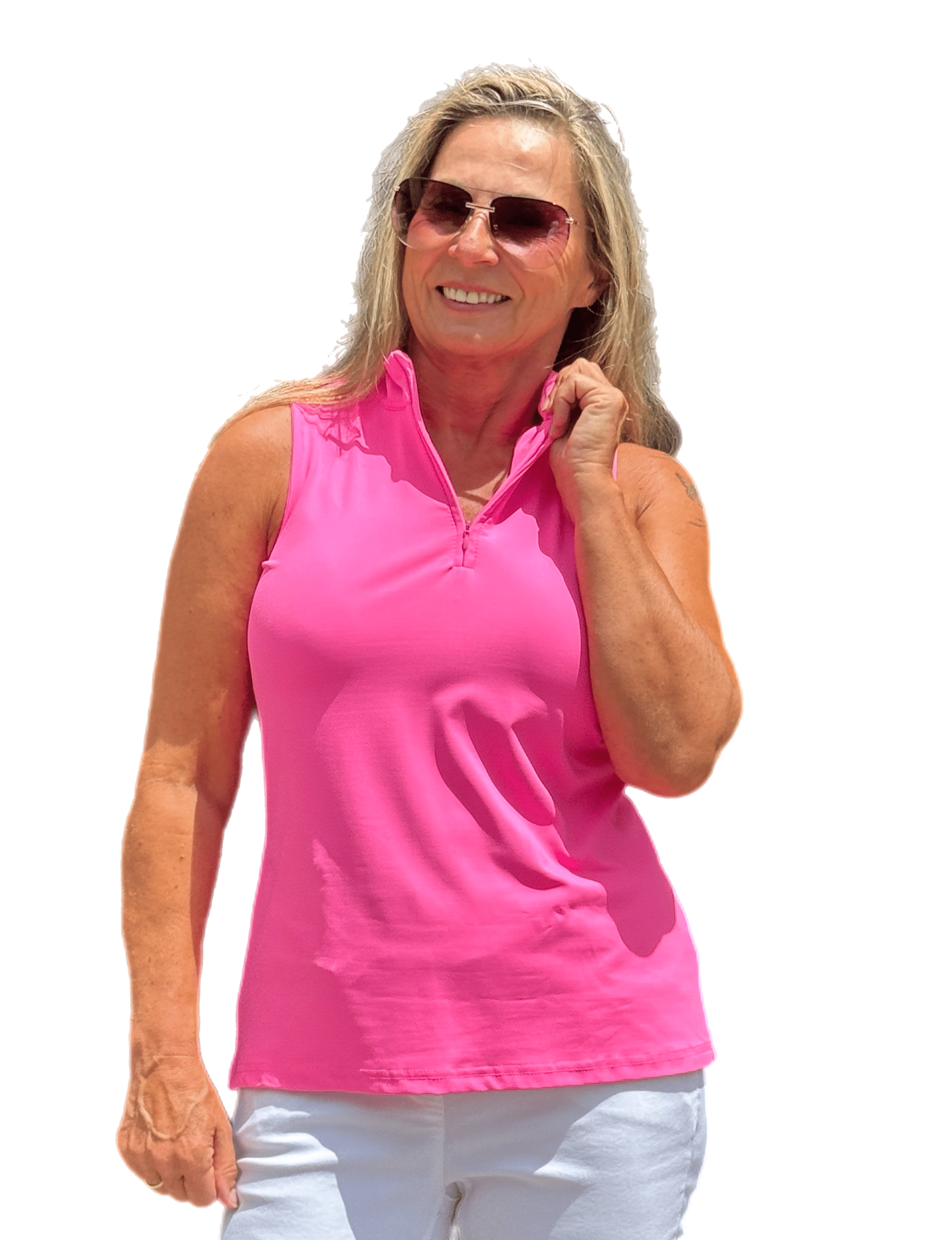 High Zip-Neck Sleeveless Top with UPF50+ Bright Hot Pink