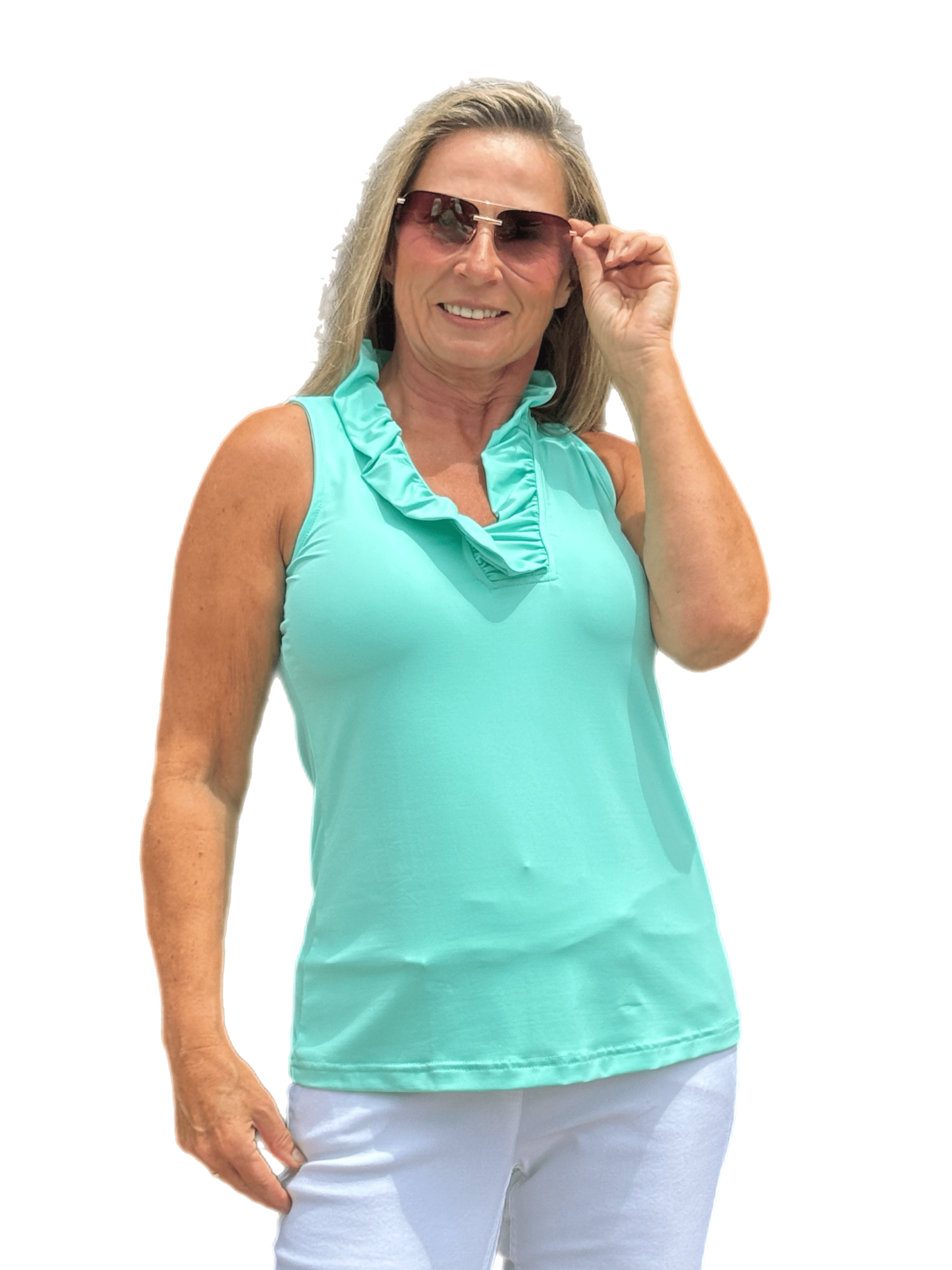 Ruffle-Neck Top with UPF50+ Seafoam