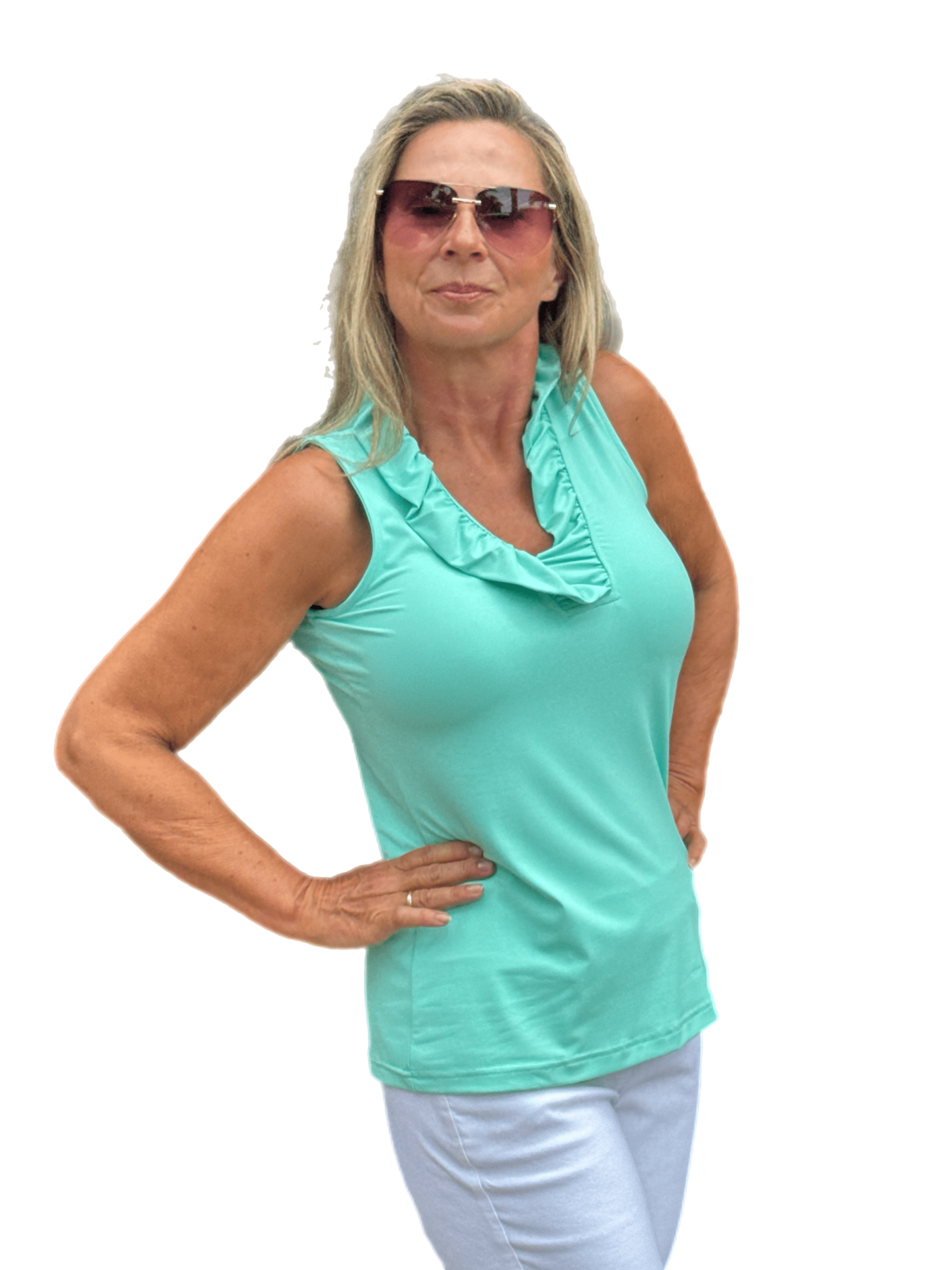 Ruffle-Neck Top with UPF50+ Seafoam