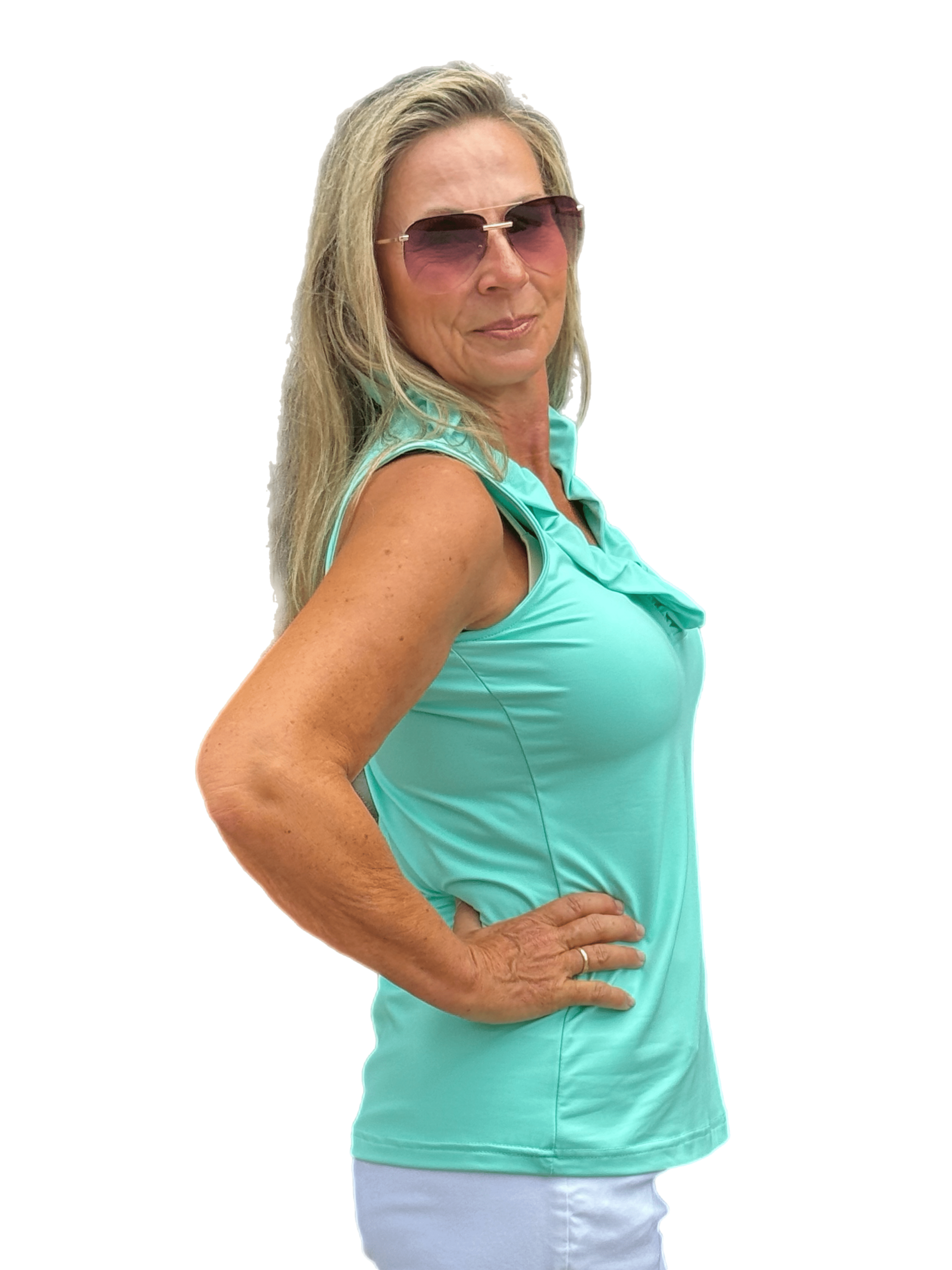 Ruffle-Neck Top with UPF50+ Seafoam