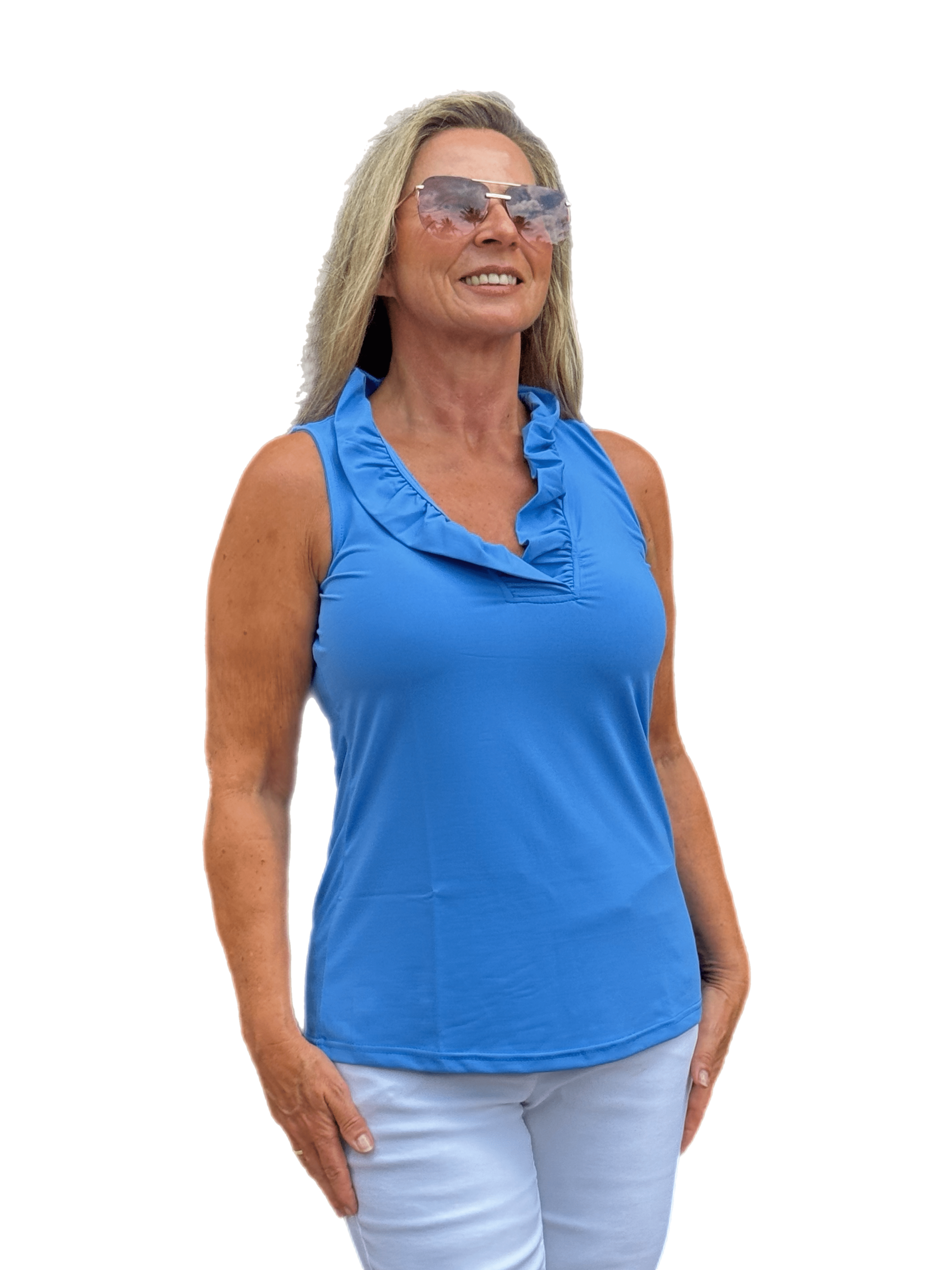 Ruffle-Neck Top with UPF50+ Bright Periwinkle