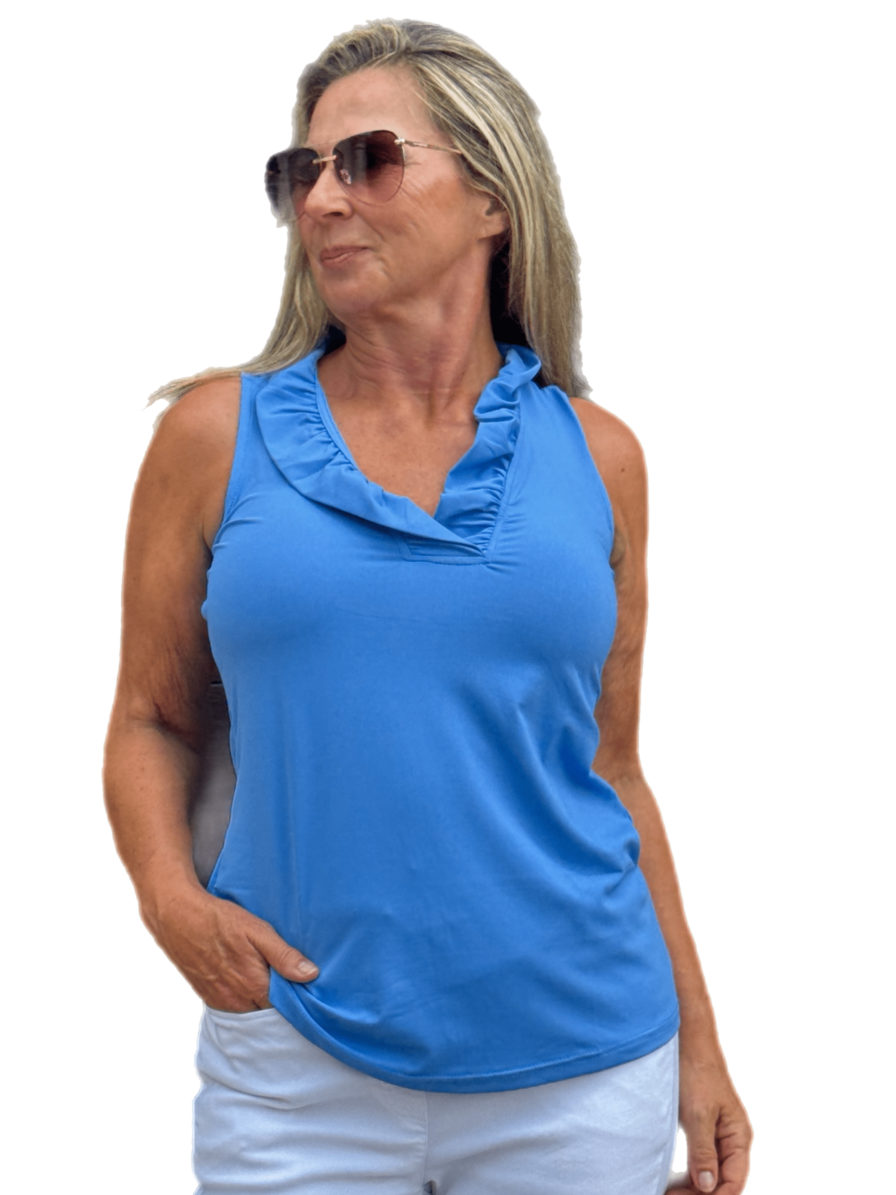 Ruffle-Neck Top with UPF50+ Bright Periwinkle